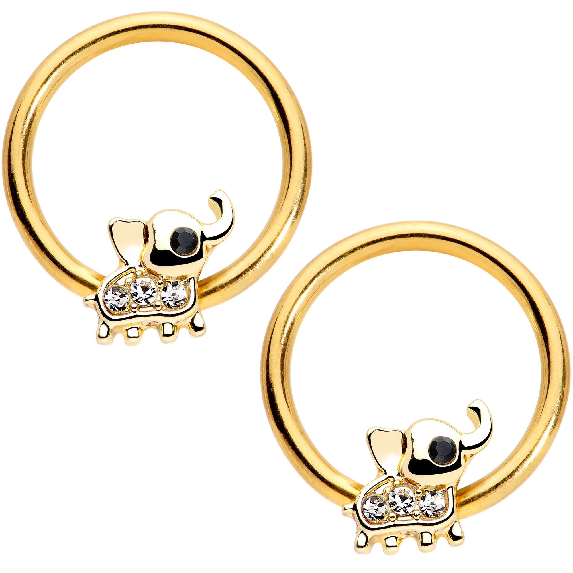 14 Gauge 1/2 Clear Gem Gold Tone Elephant BCR Captive Nipple Ring Set