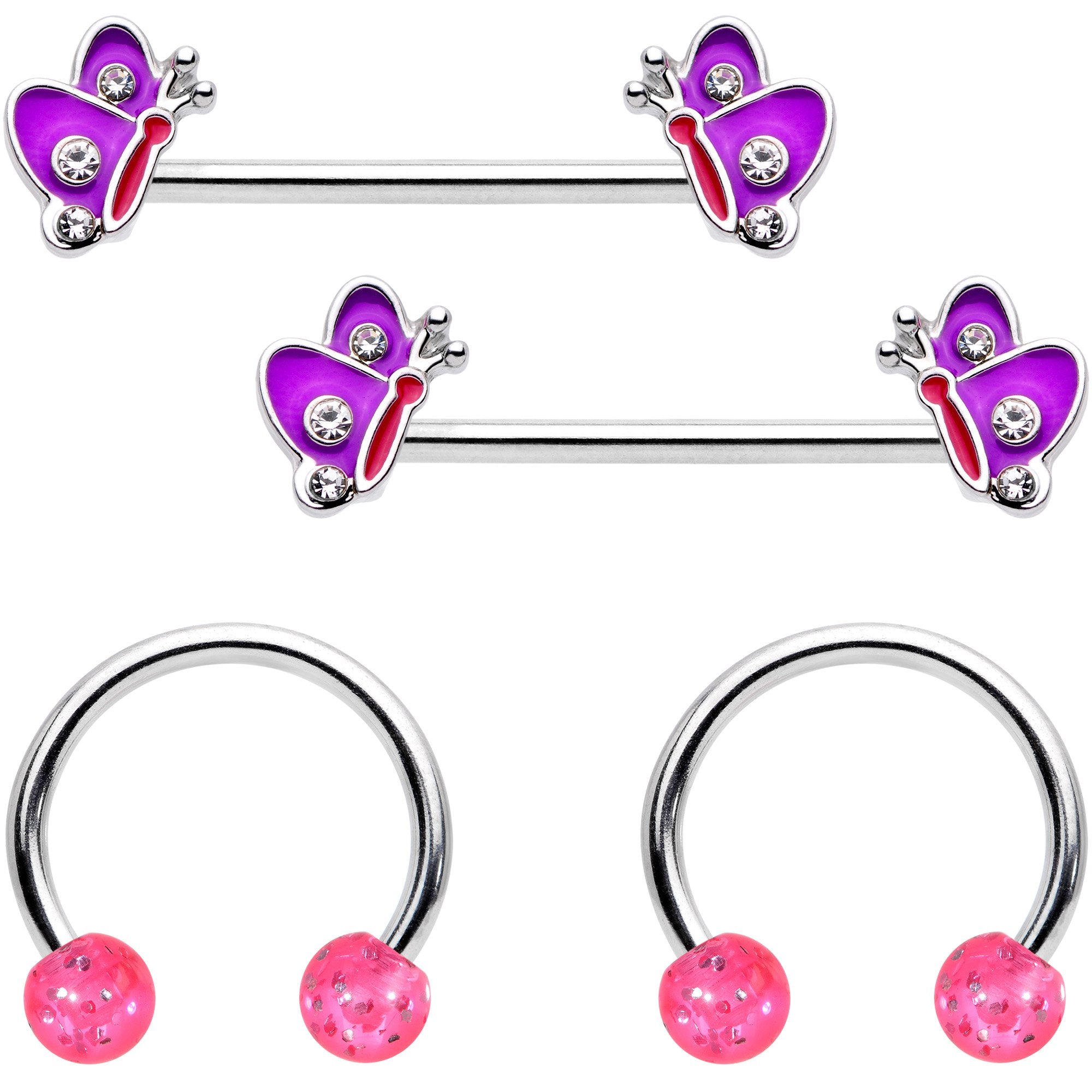 14 Gauge Pink Purple Butterfly Horseshoe Barbell Nipple Ring Set of 4