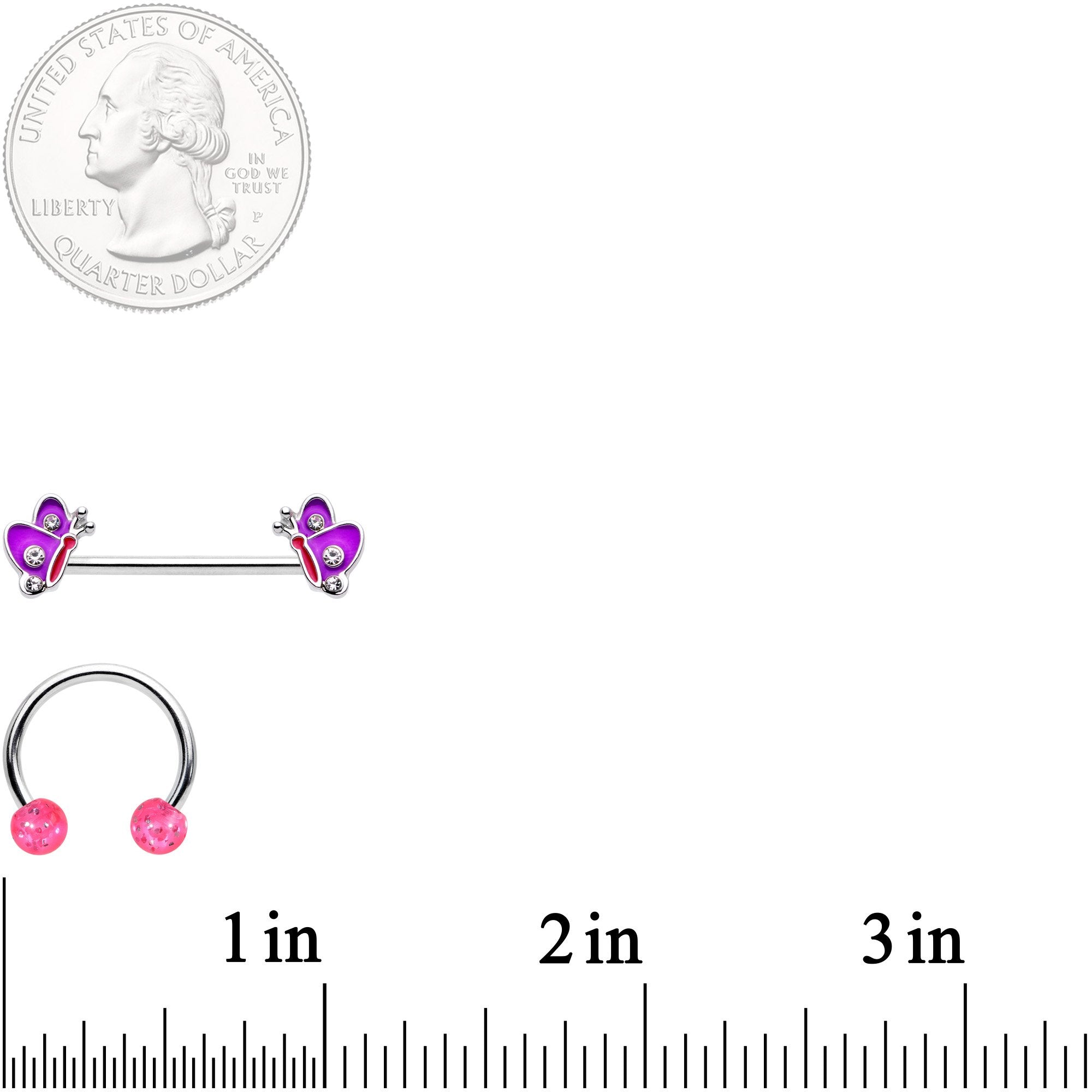 14 Gauge Pink Purple Butterfly Horseshoe Barbell Nipple Ring Set of 4