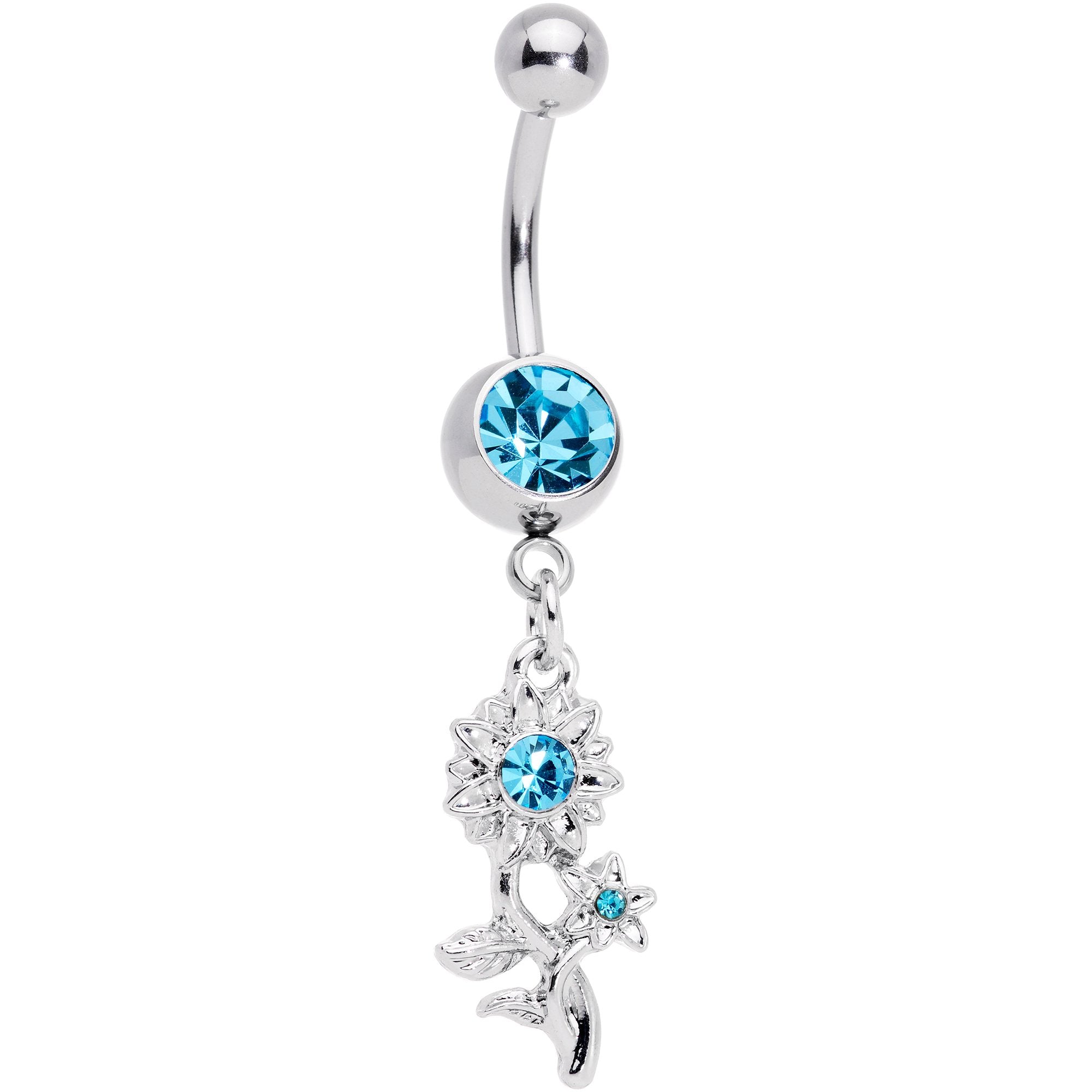 Aqua Gem Sunflower Dangle Belly Ring