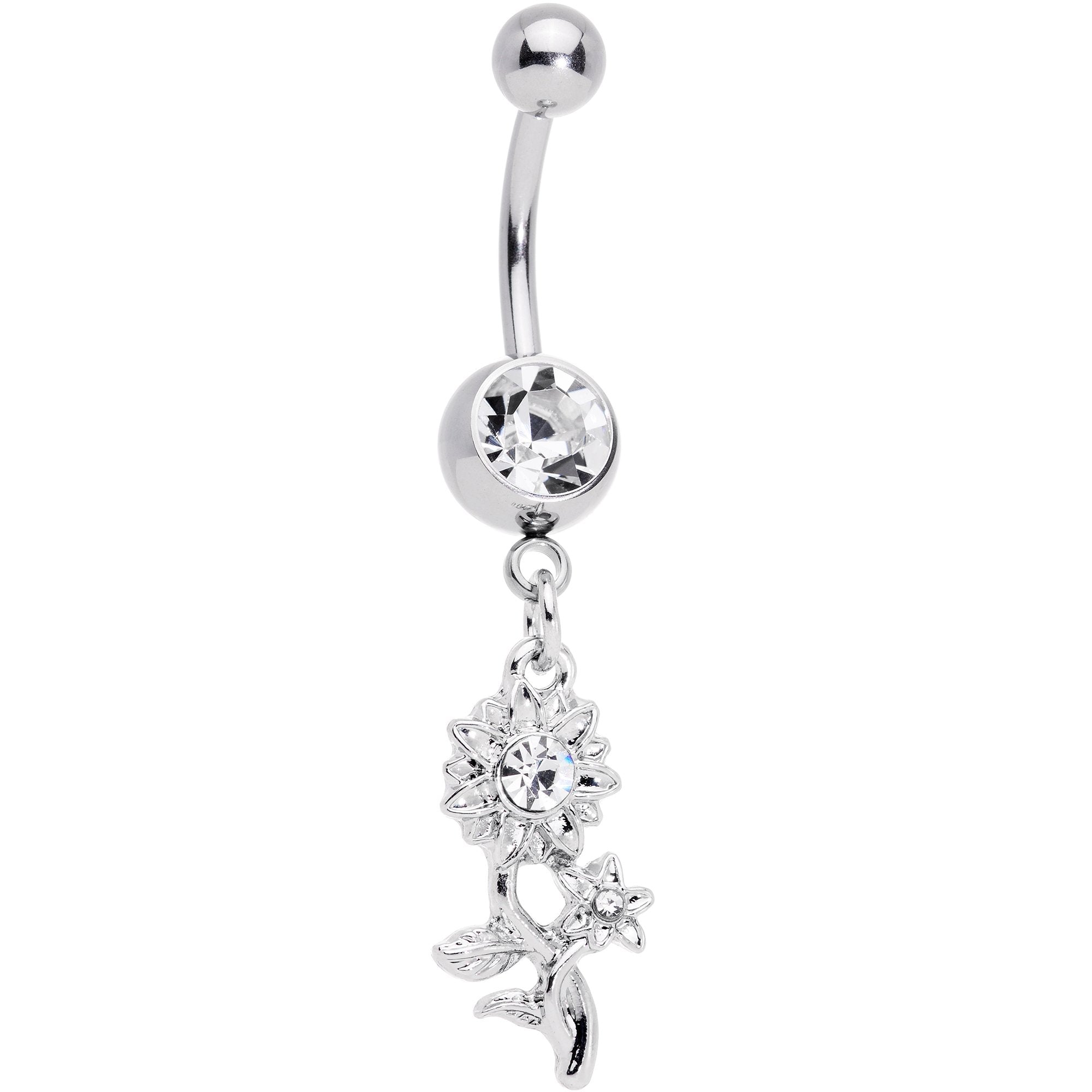 Clear Gem Sunflower Dangle Belly Ring