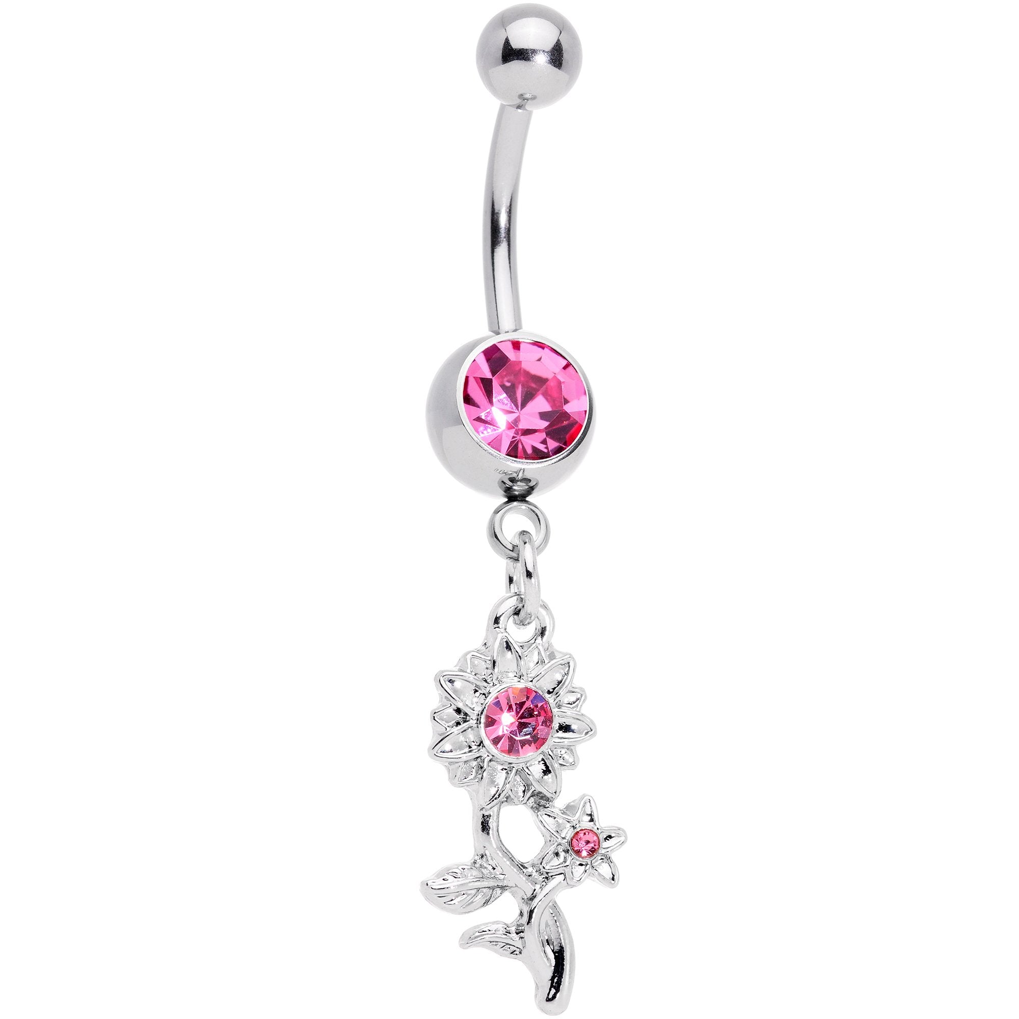 Pink Gem Sunflower Dangle Belly Ring