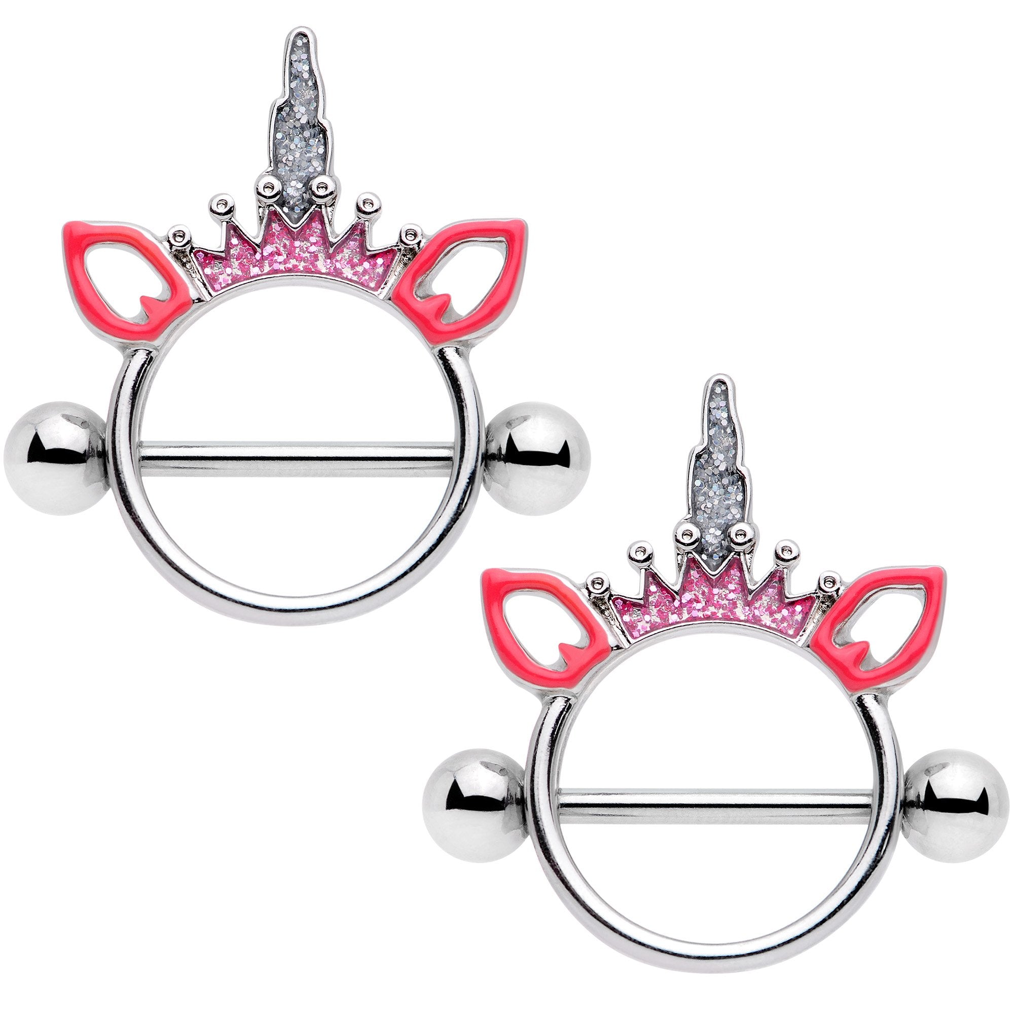 14 Gauge Clear Gem Pink Princess Unicorn Nipple Shield Set