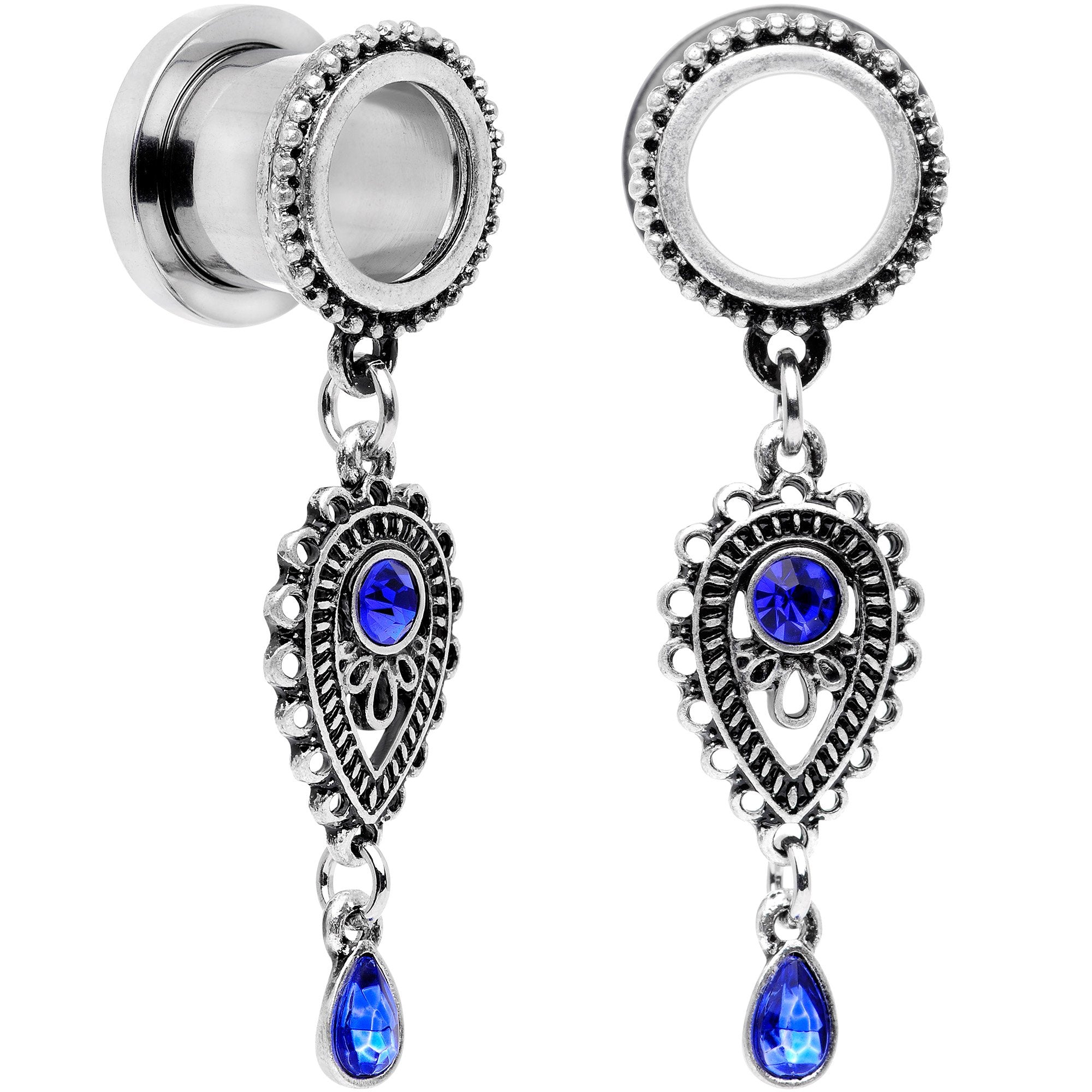 Blue Gem Filigree Drop Dangle Screw Fit Tunnel Plug Set 6mm to 16mm