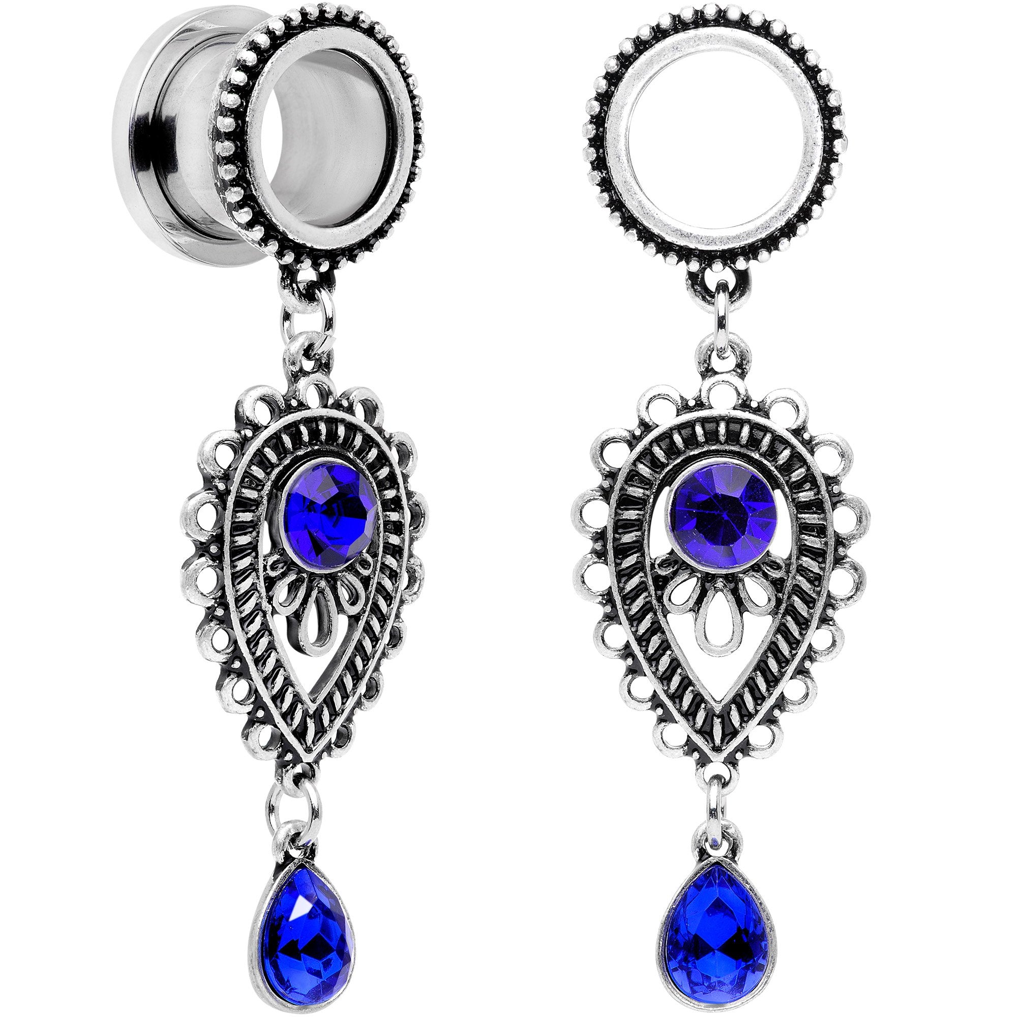 Blue Gem Filigree Drop Dangle Screw Fit Tunnel Plug Set 6mm to 16mm