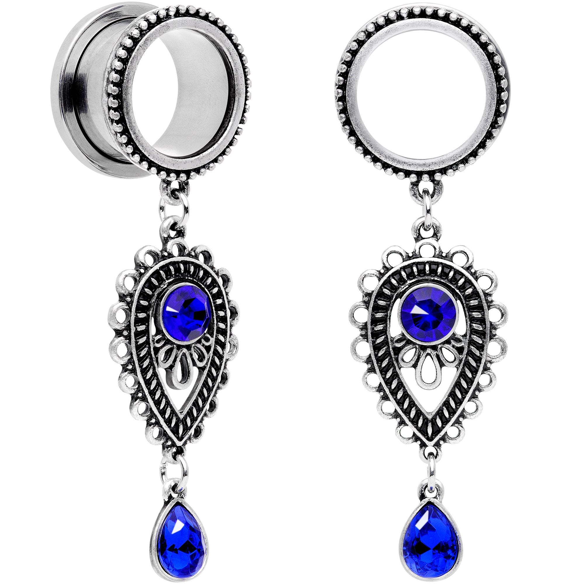 Blue Gem Filigree Drop Dangle Screw Fit Tunnel Plug Set 6mm to 16mm