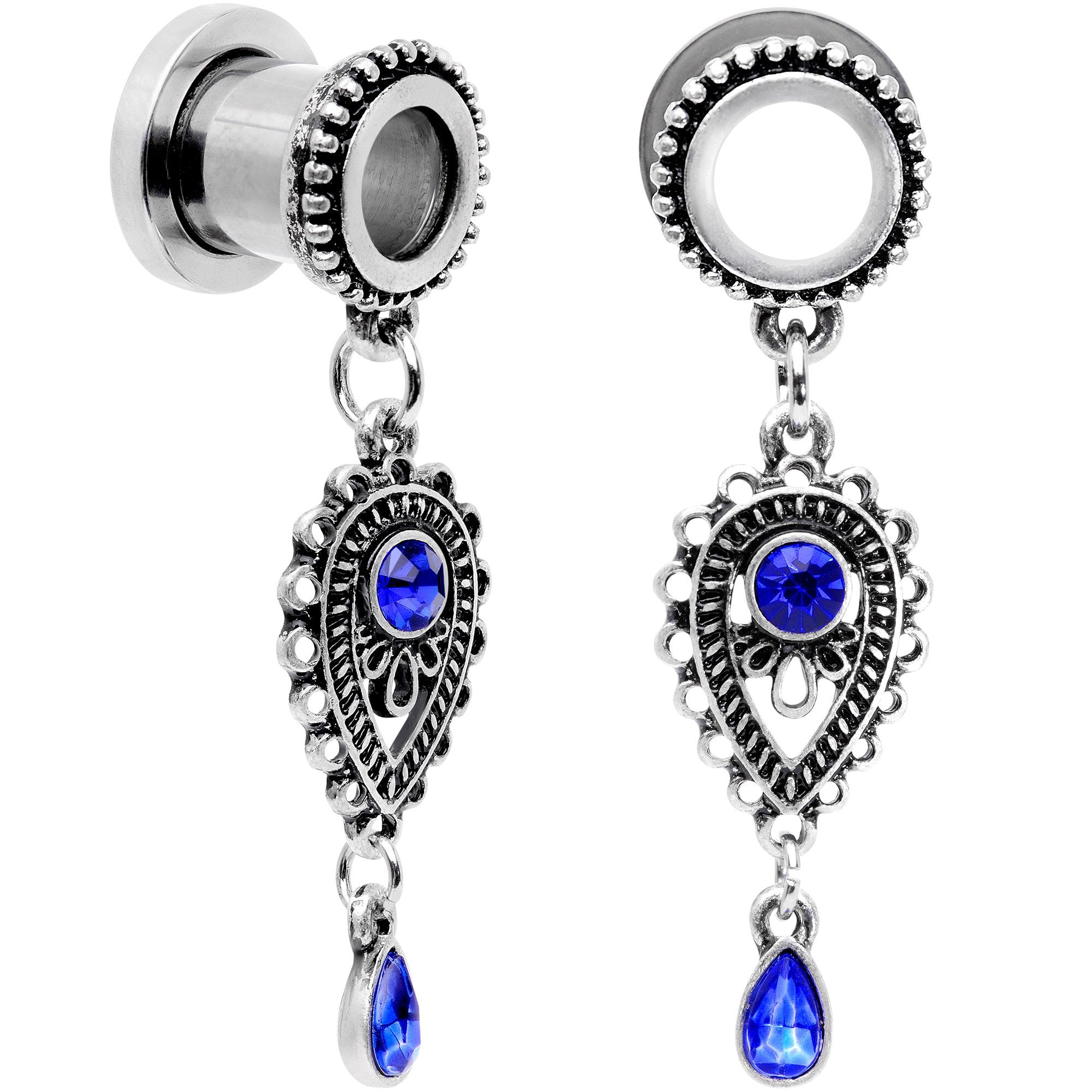 Blue Gem Filigree Drop Dangle Screw Fit Tunnel Plug Set 6mm to 16mm