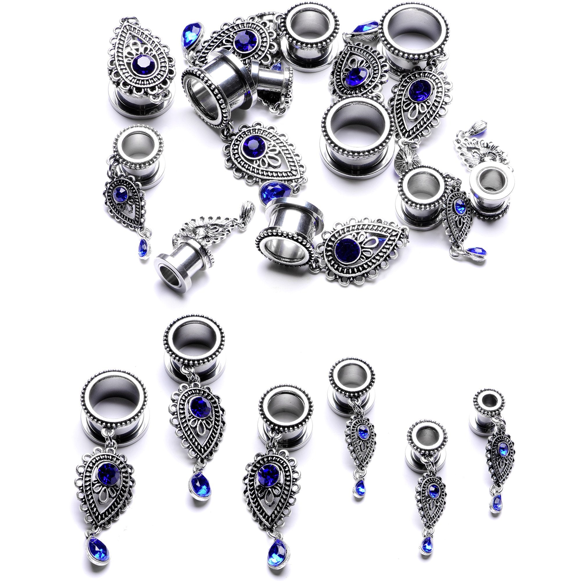 Blue Gem Filigree Drop Dangle Screw Fit Tunnel Plug Set 6mm to 16mm