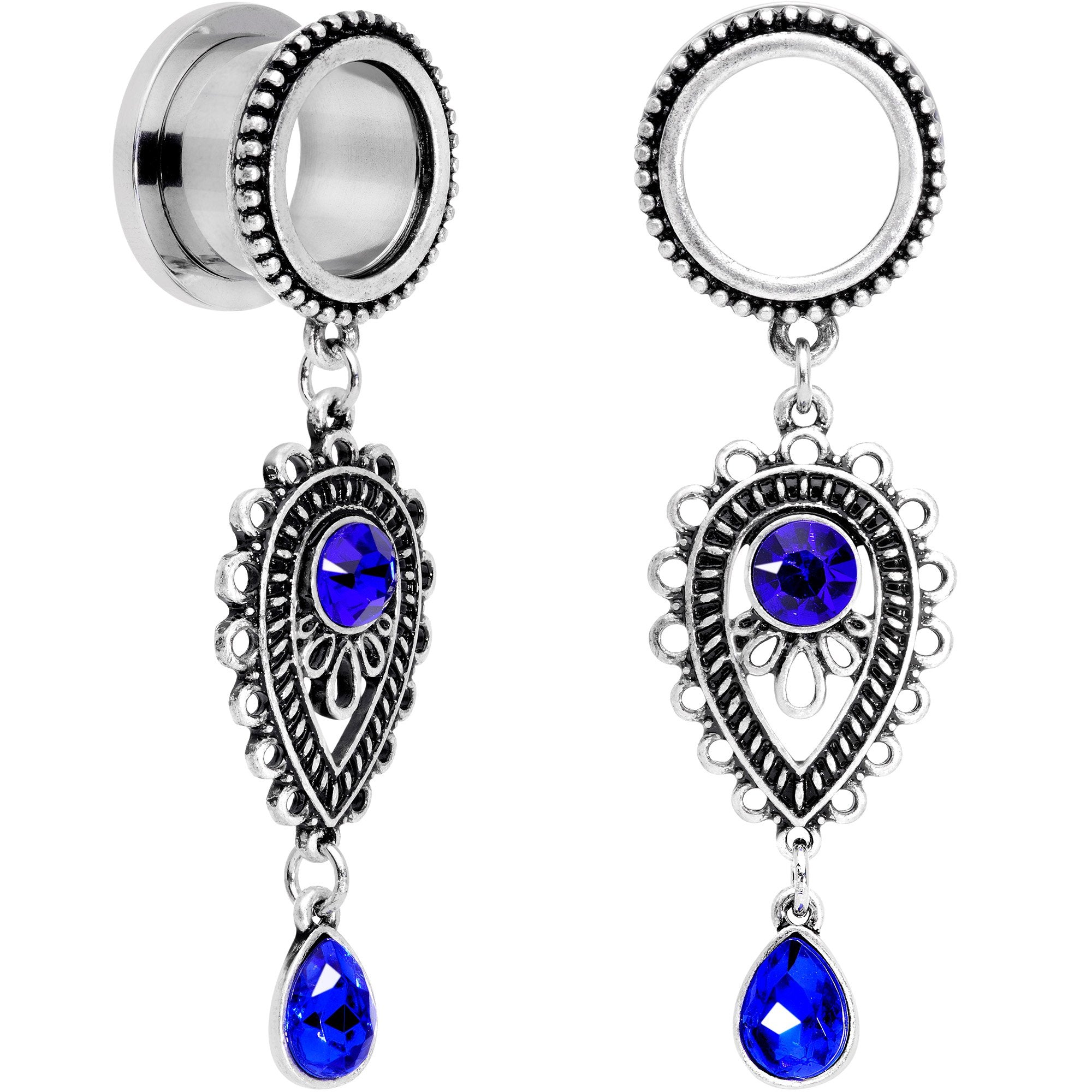 Blue Gem Filigree Drop Dangle Screw Fit Tunnel Plug Set 6mm to 16mm