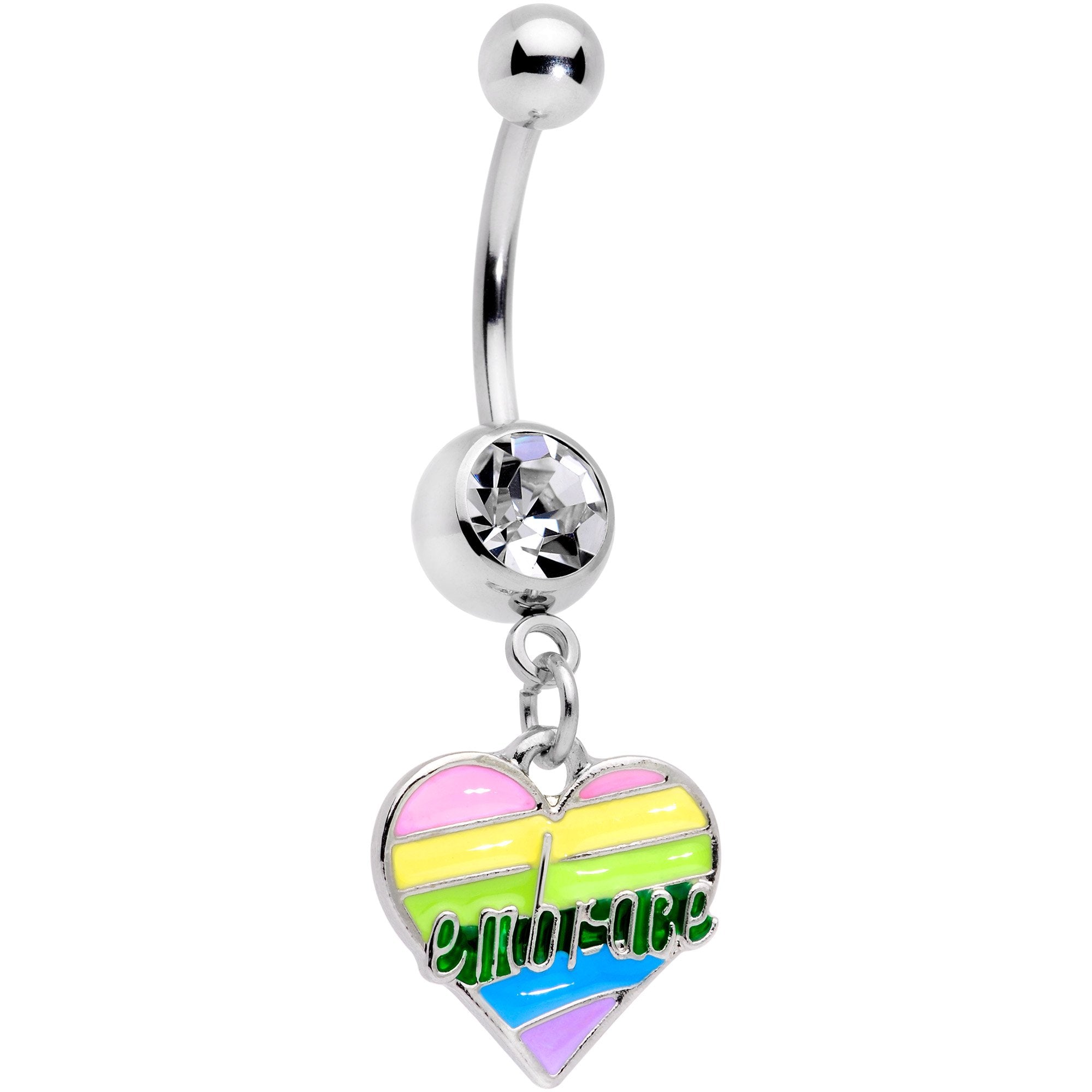 Clear Gem Embrace Pastel Rainbow Heart Dangle Belly Ring