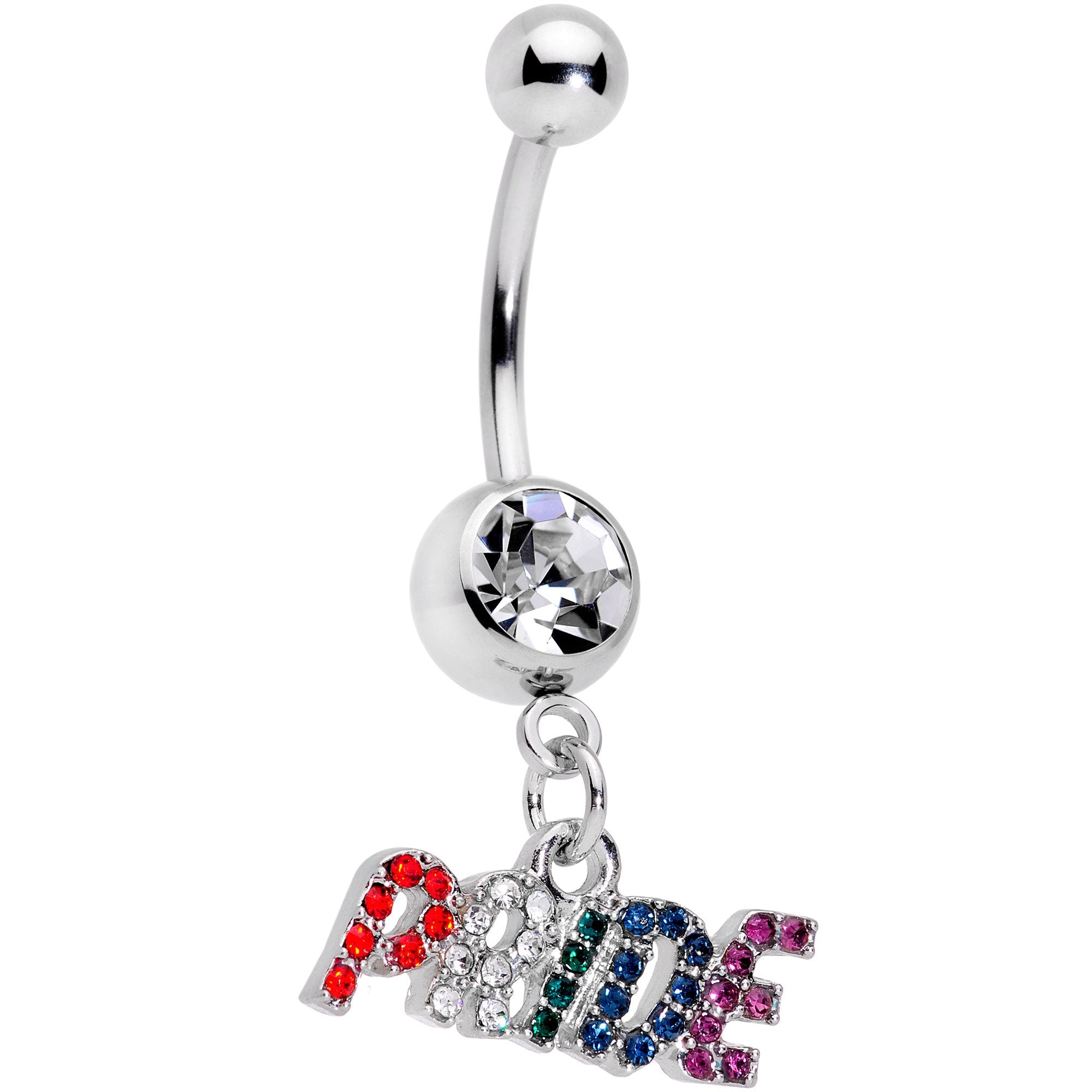 Clear Gem Rainbow Gem Text Gay Pride Dangle Belly Ring