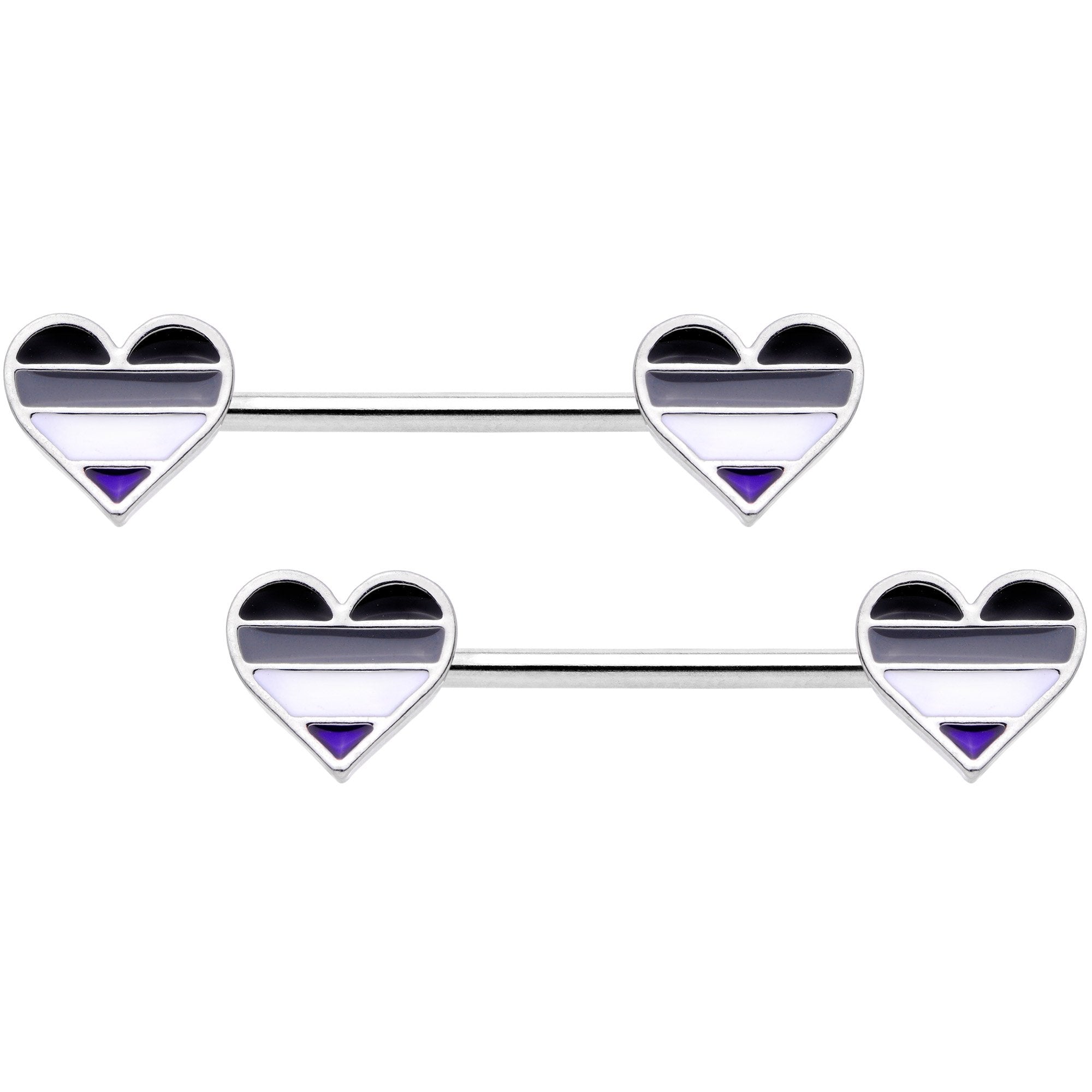 14 Gauge Black Grey White Asexual Pride Heart Barbell Nipple Ring Set