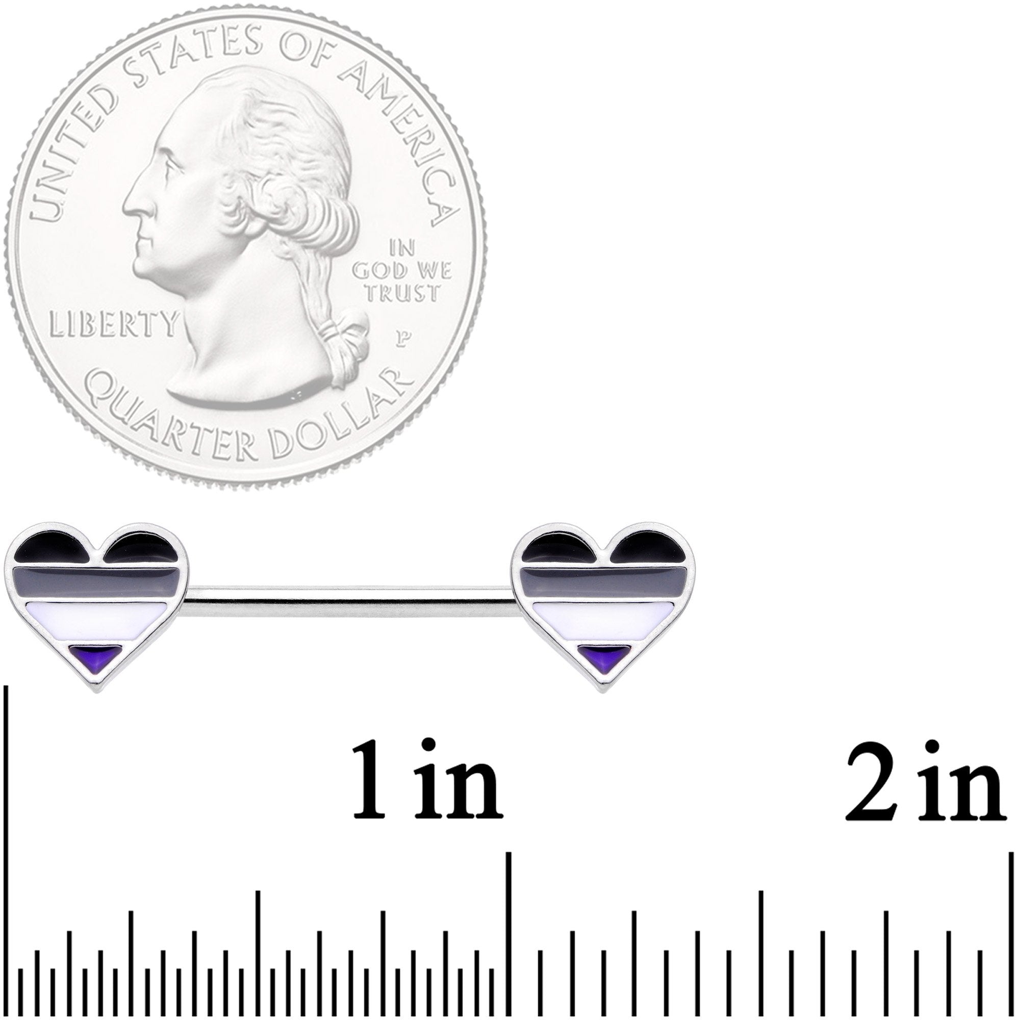 14 Gauge Black Grey White Asexual Pride Heart Barbell Nipple Ring Set