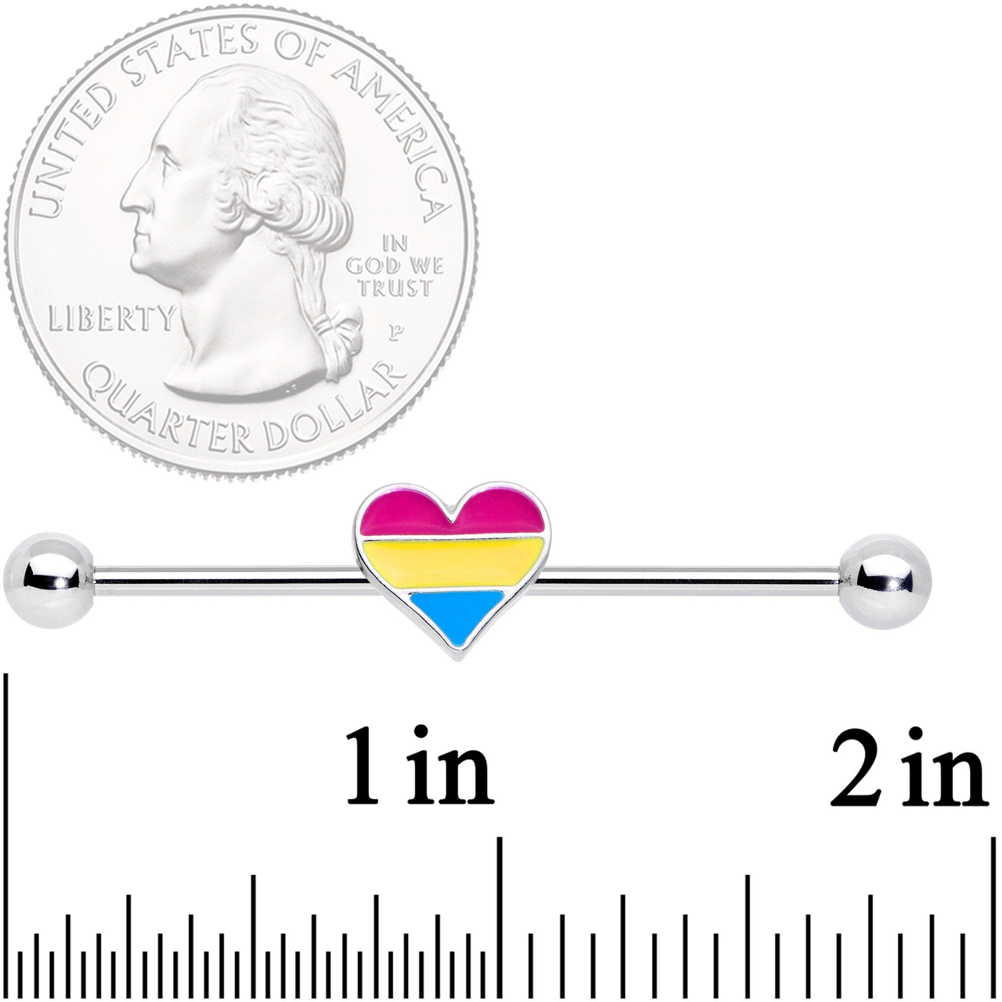 14 Gauge Red Yellow Blue Pansexual Pride Heart Barbell Industrial 38mm