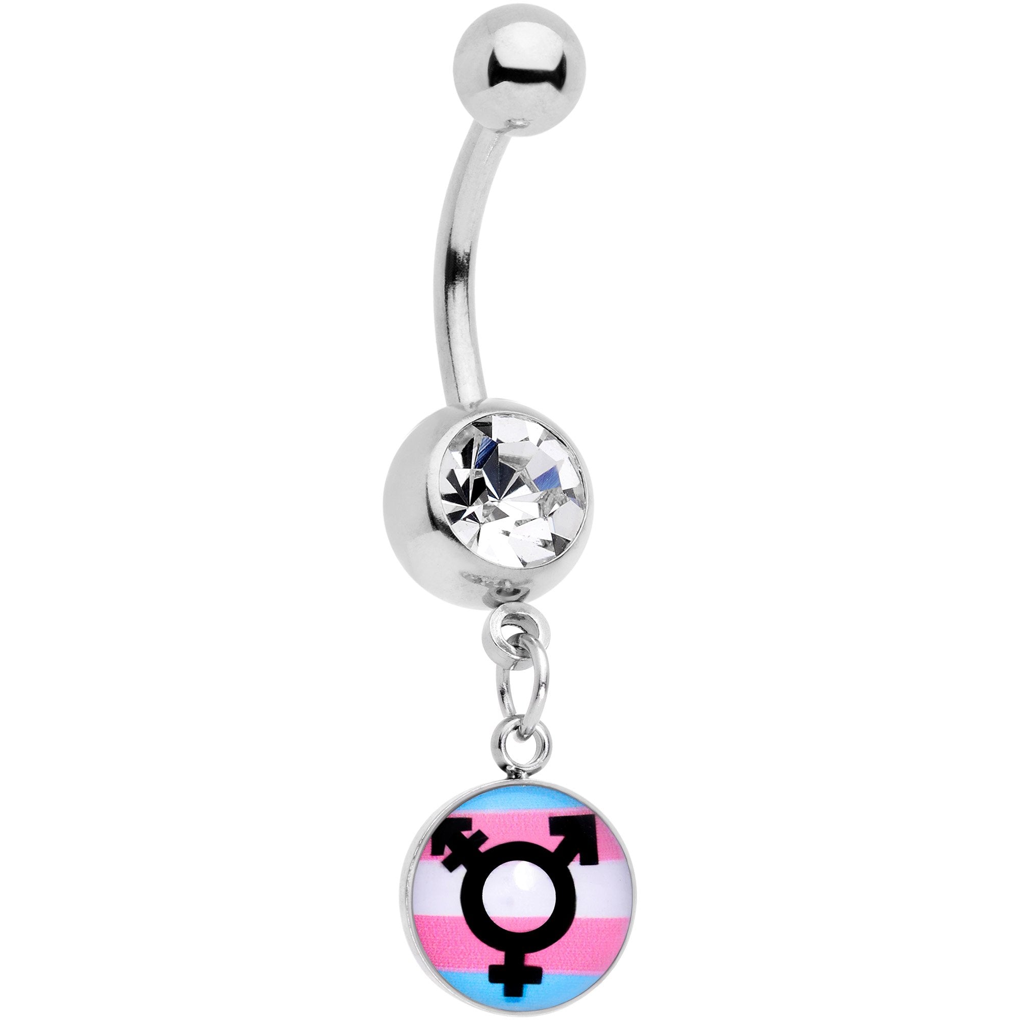 Clear Gem Pink Blue White Transgender Pride Logo Dangle Belly Ring