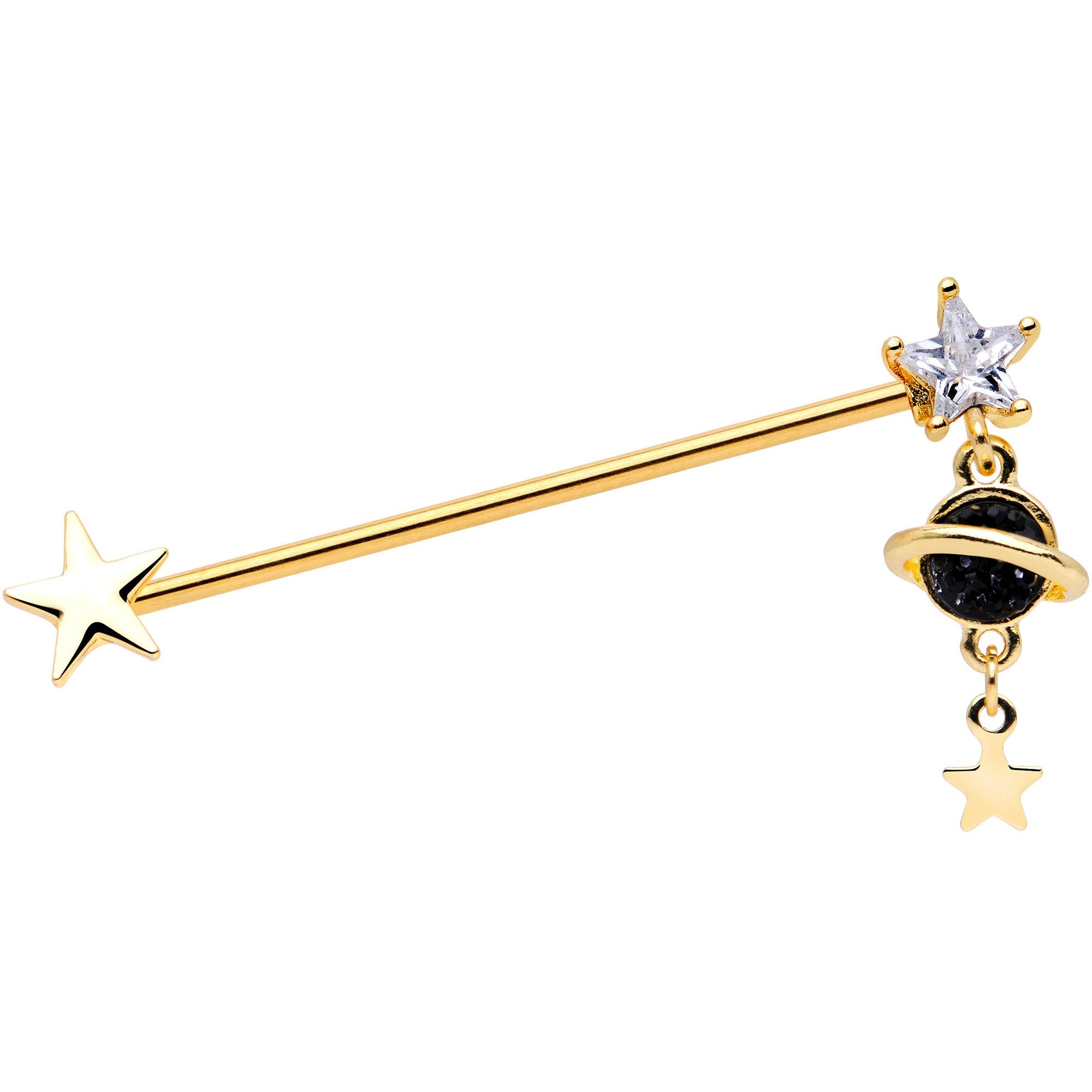 14 Gauge Clear CZ Gem Gold Tone Saturn Dangle Industrial Barbell 38mm