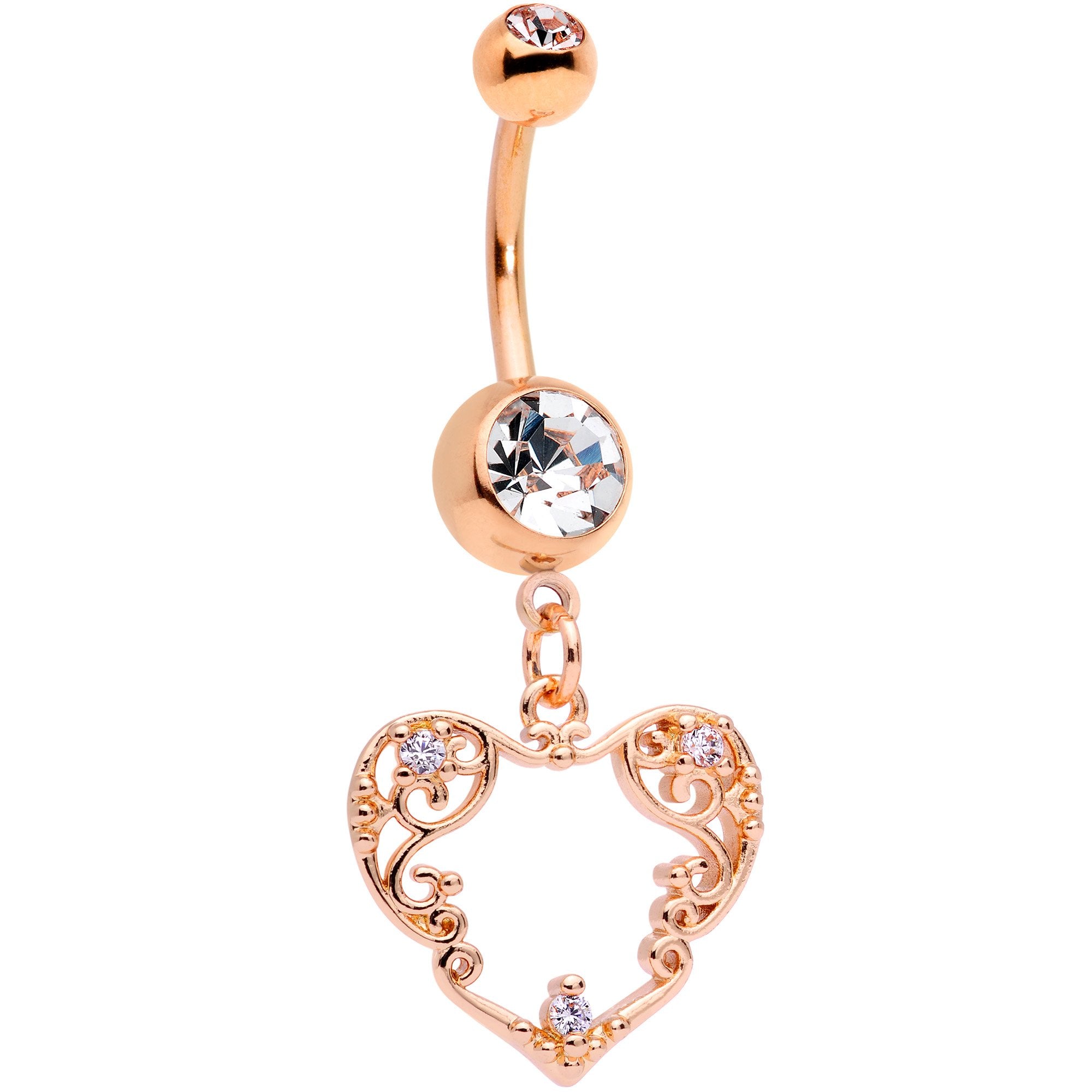 Clear CZ Gem Rose Gold Tone Scrollwork Heart Dangle Belly Ring