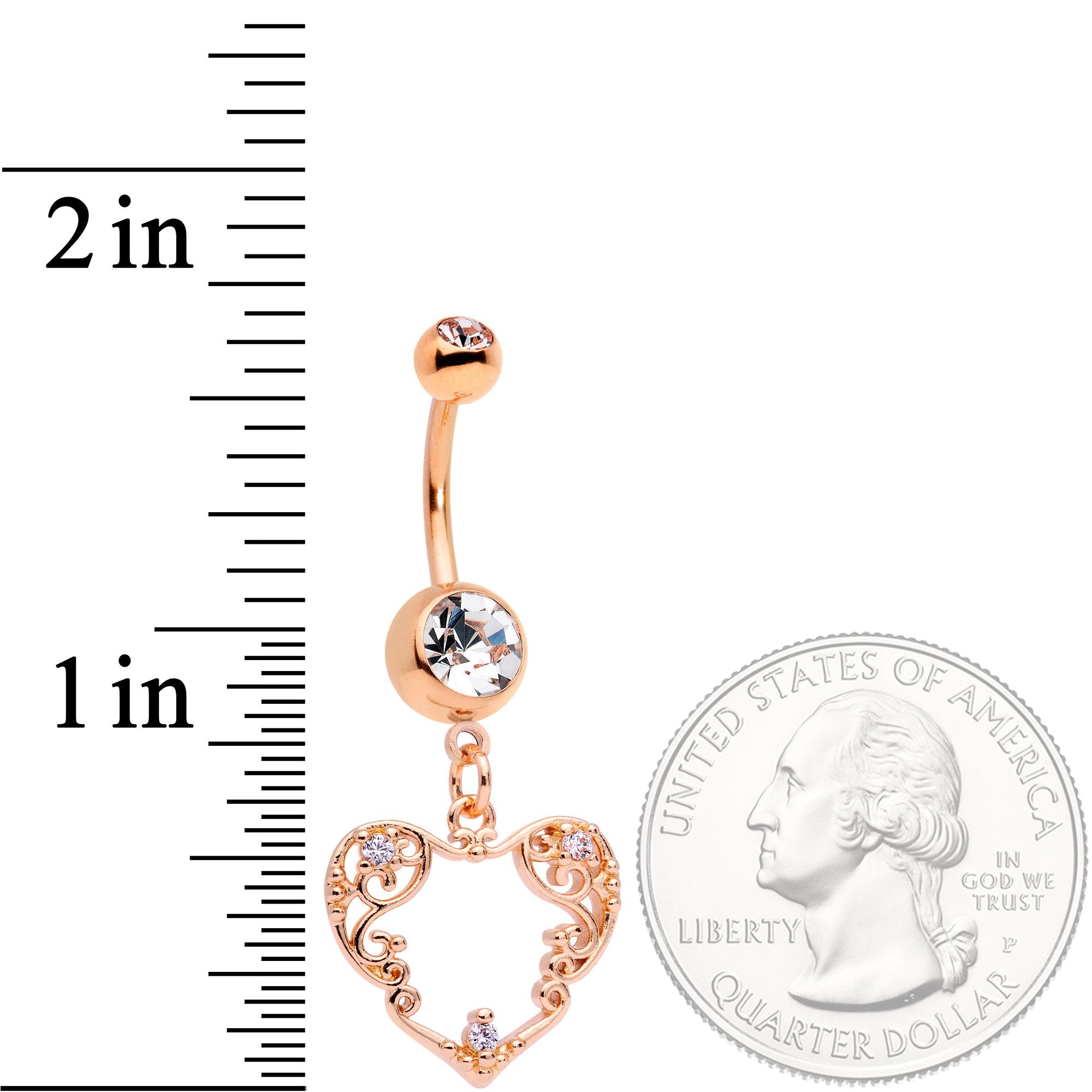 Clear CZ Gem Rose Gold Tone Scrollwork Heart Dangle Belly Ring