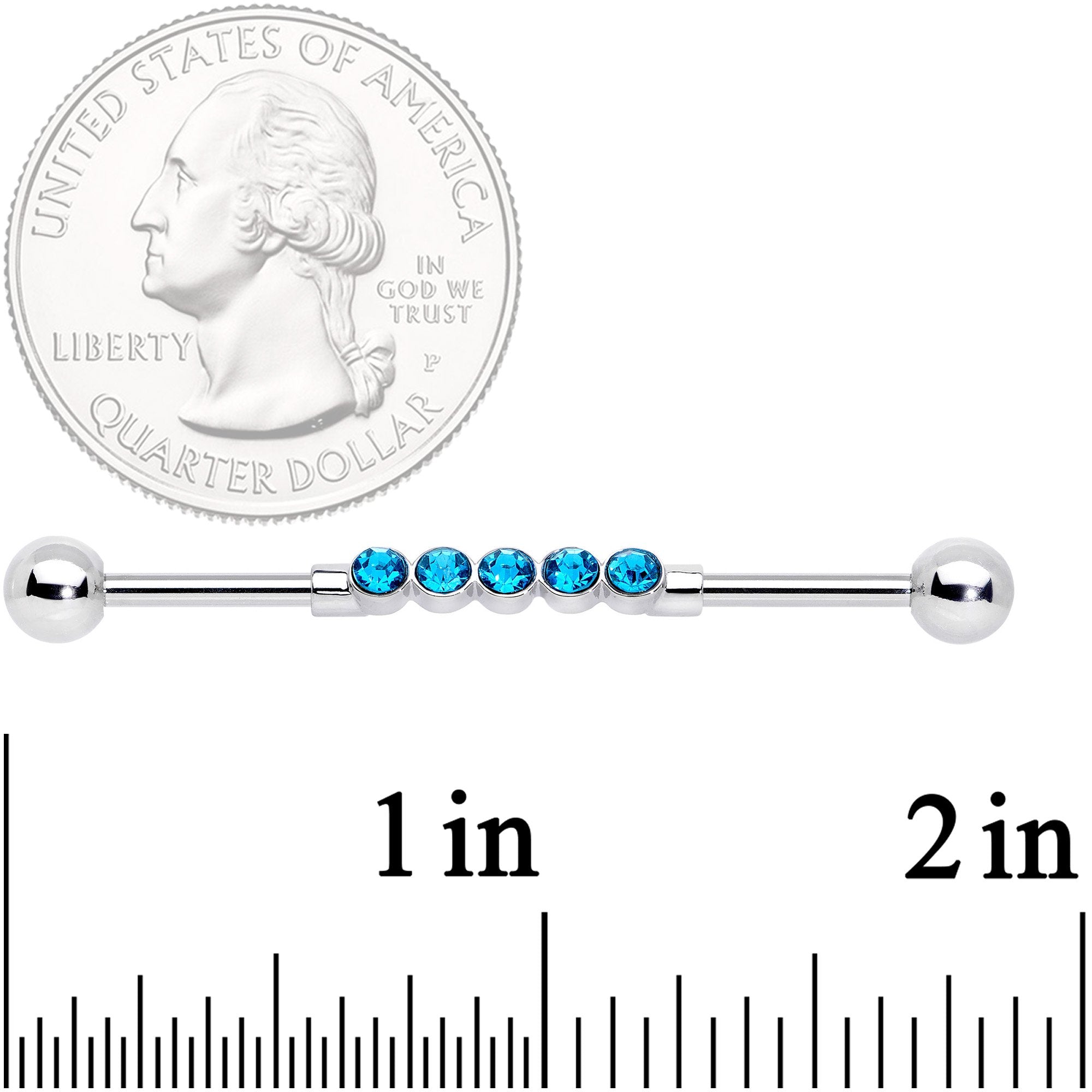 14 Gauge Aqua CZ Gem Quintuplet Industrial Barbell 38mm