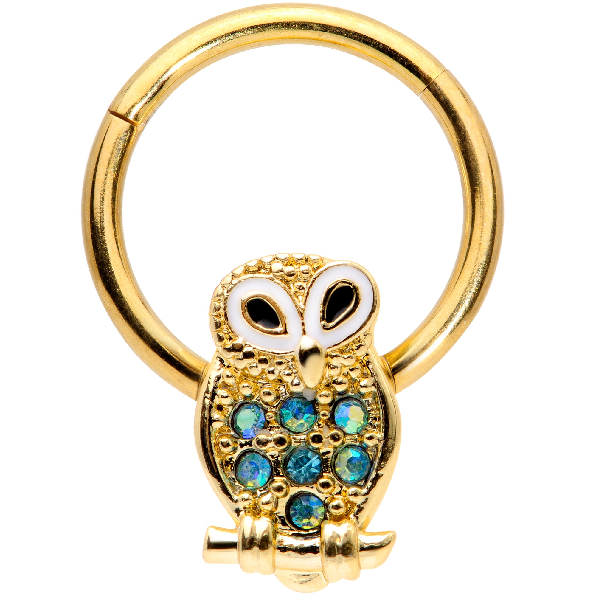 16 Gauge 3/8 Aqua Gem Gold Tone Barn Owl Hinged Segment Ring