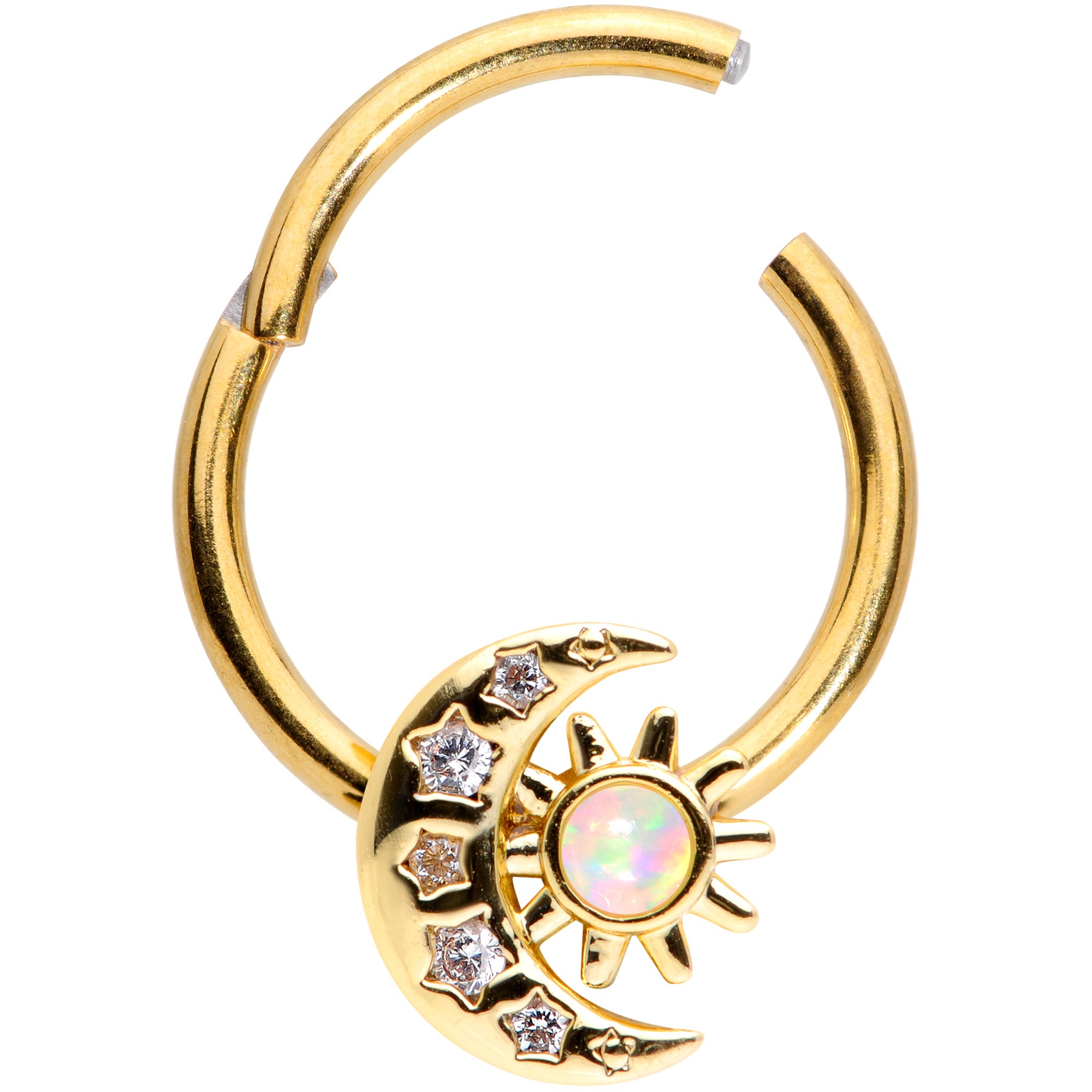 16 Gauge 3/8 White Synthetic Opal Gold Tone Moon Hinged Segment Ring