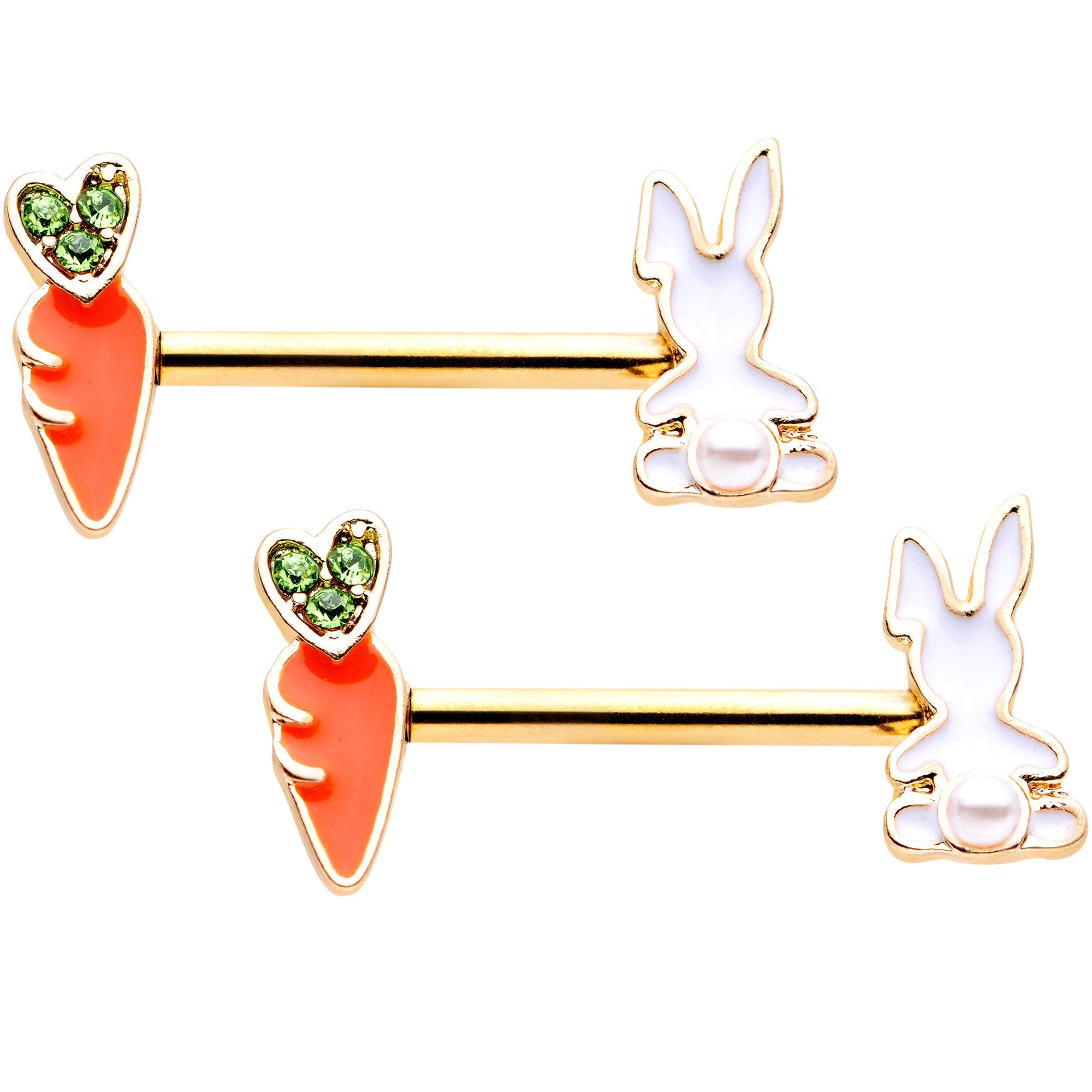 14 Gauge 9/16 Green Gem Gold Tone Bunny Carrot Barbell Nipple Ring Set