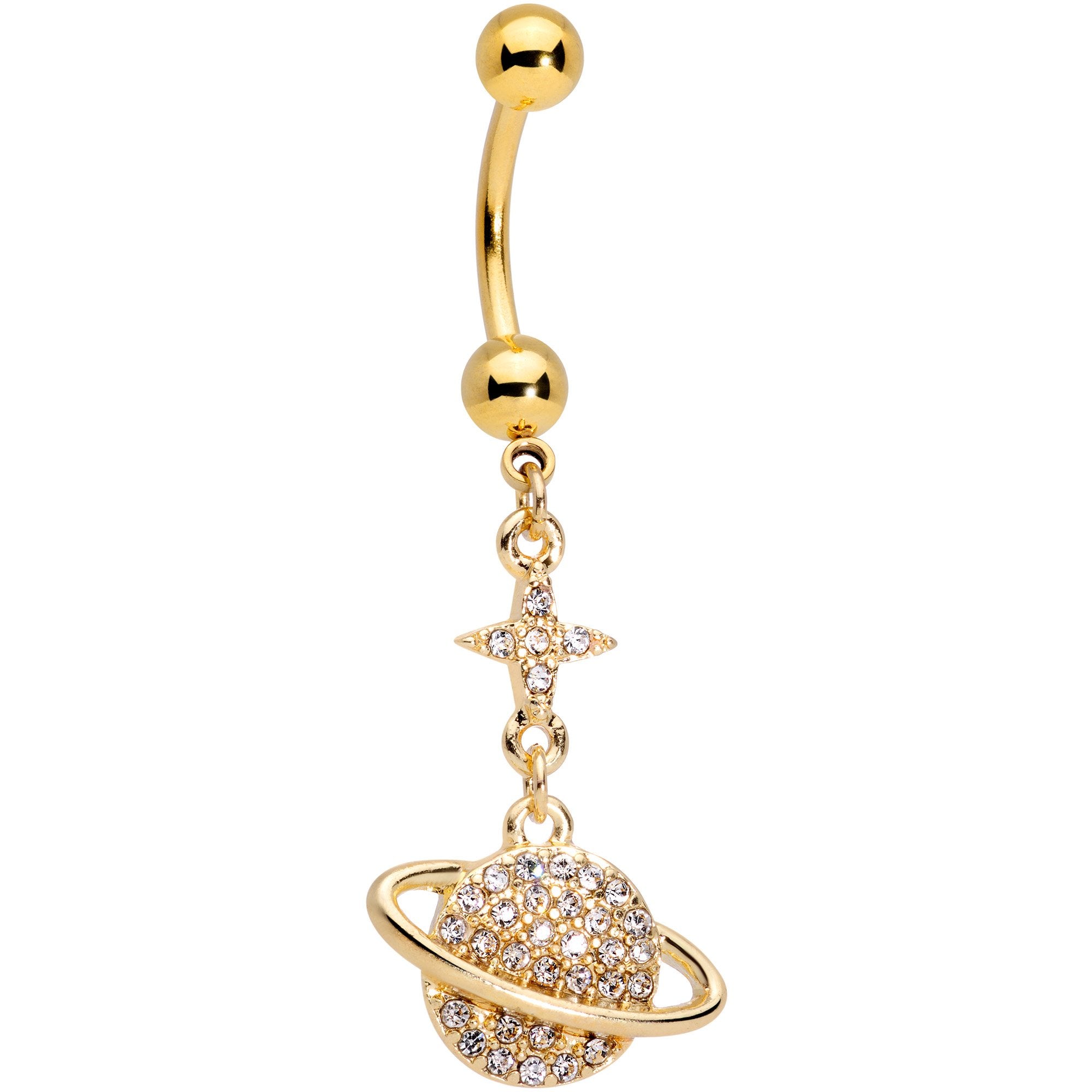 Clear Gem Gold Tone Planet Saturn Dangle Belly Ring