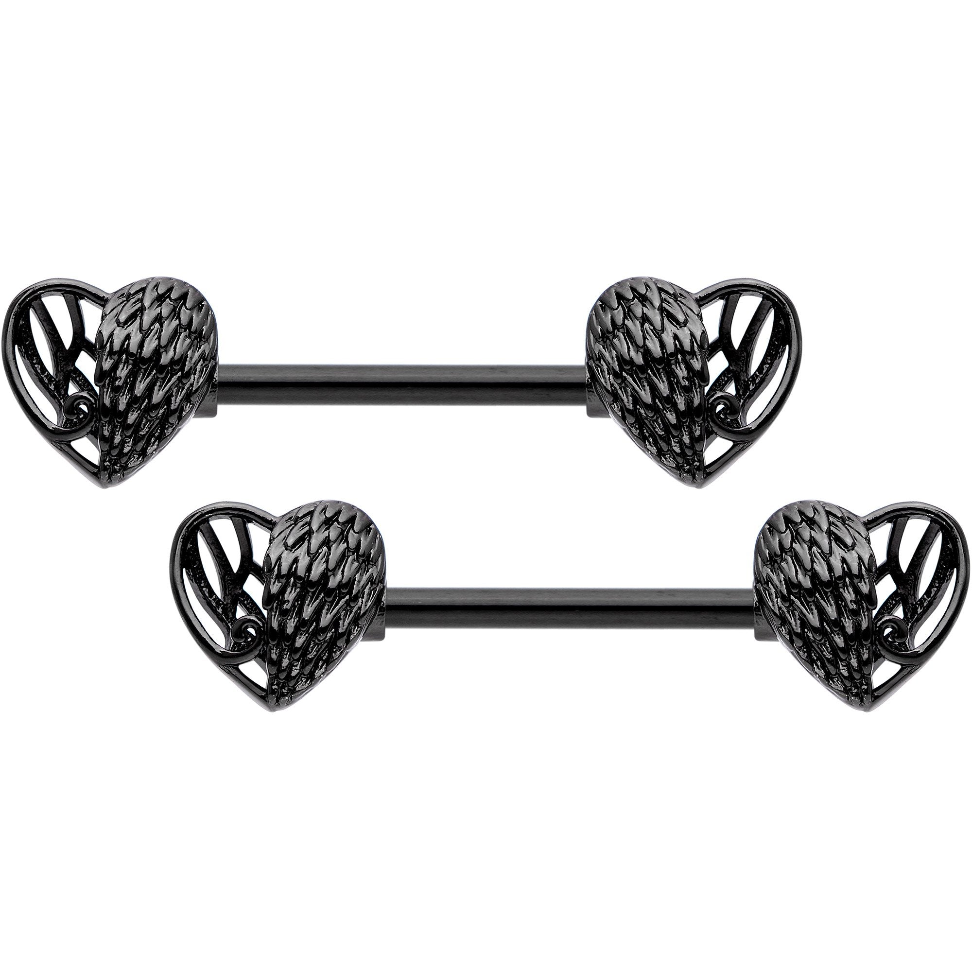 14 Gauge 9/16 Black Angels Wings Barbell Nipple Ring Set