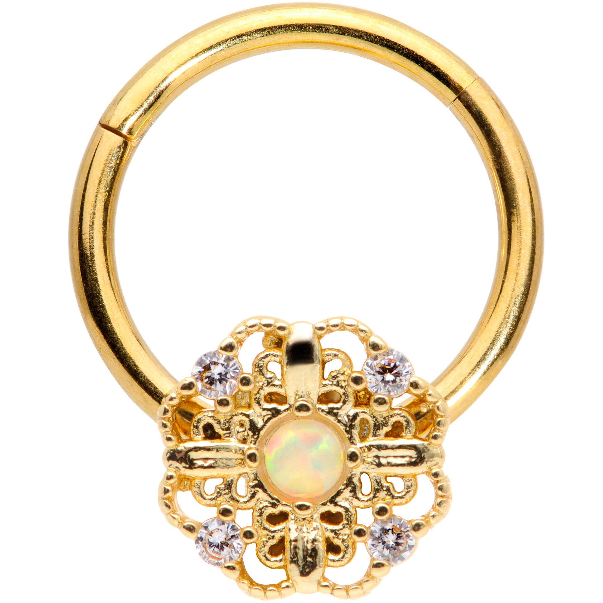 16 Gauge 3/8 White Synthetic Opal Gold Tone Flower Hinged Segment Ring