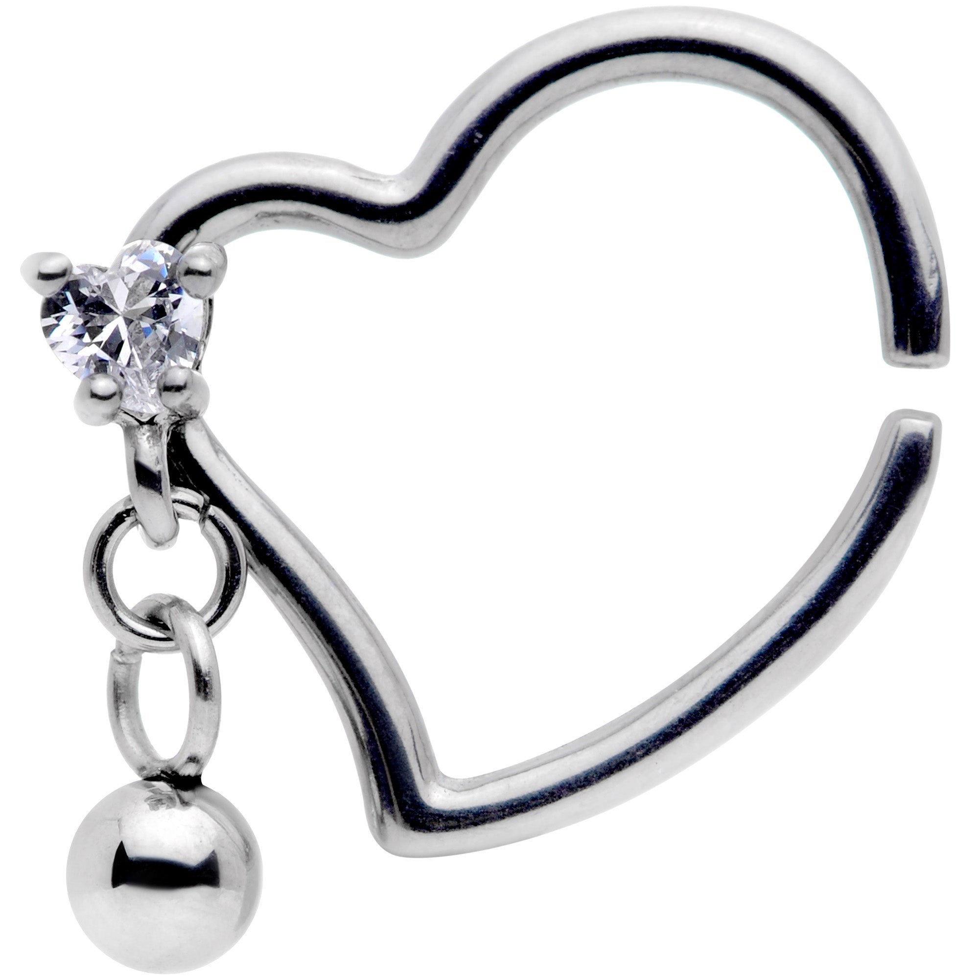 16 Gauge 3/8 Clear CZ Gem Funky Heart Right Dangle Closure Ring