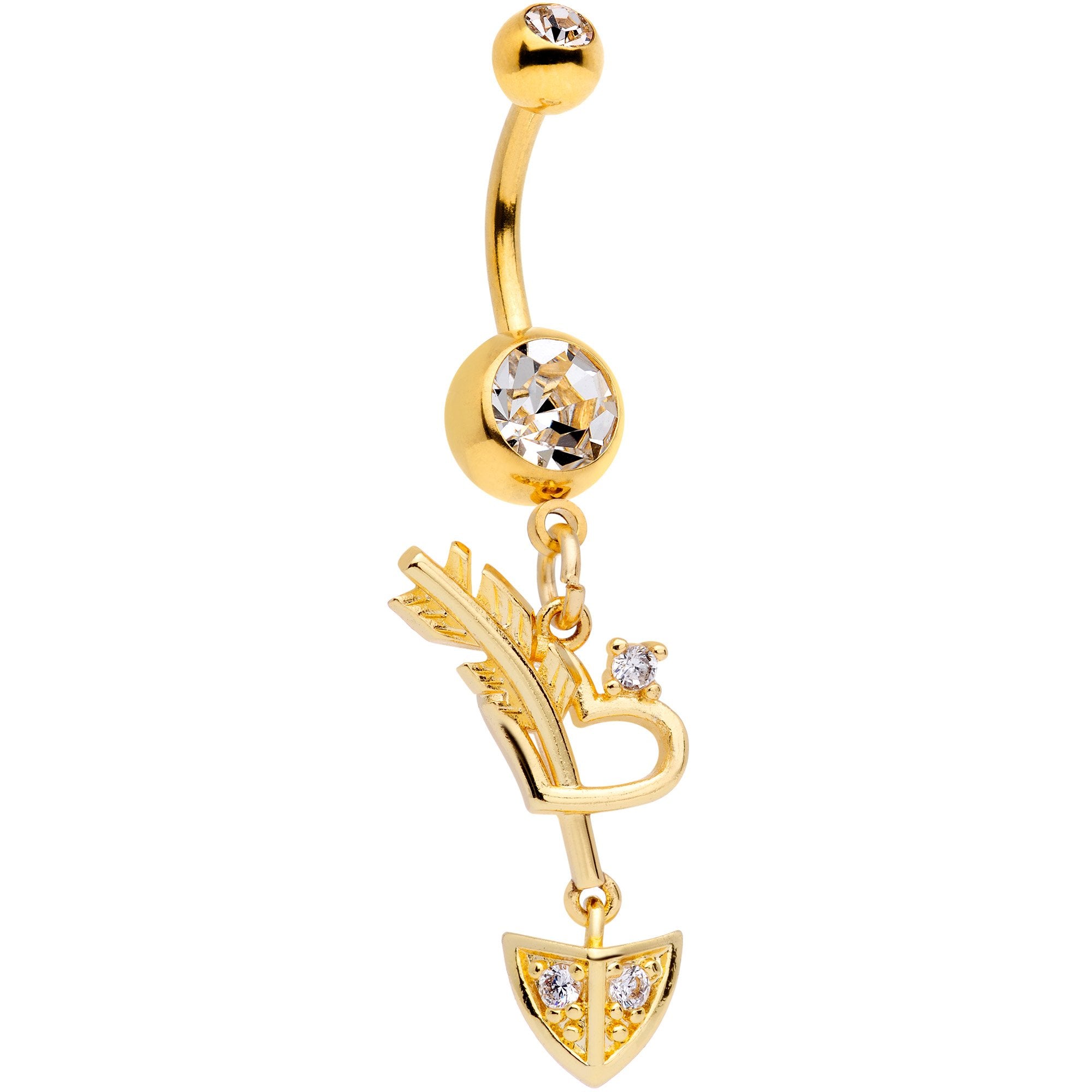 Clear CZ Gem Gold Tone Open Heart Arrow Dangle Belly Ring