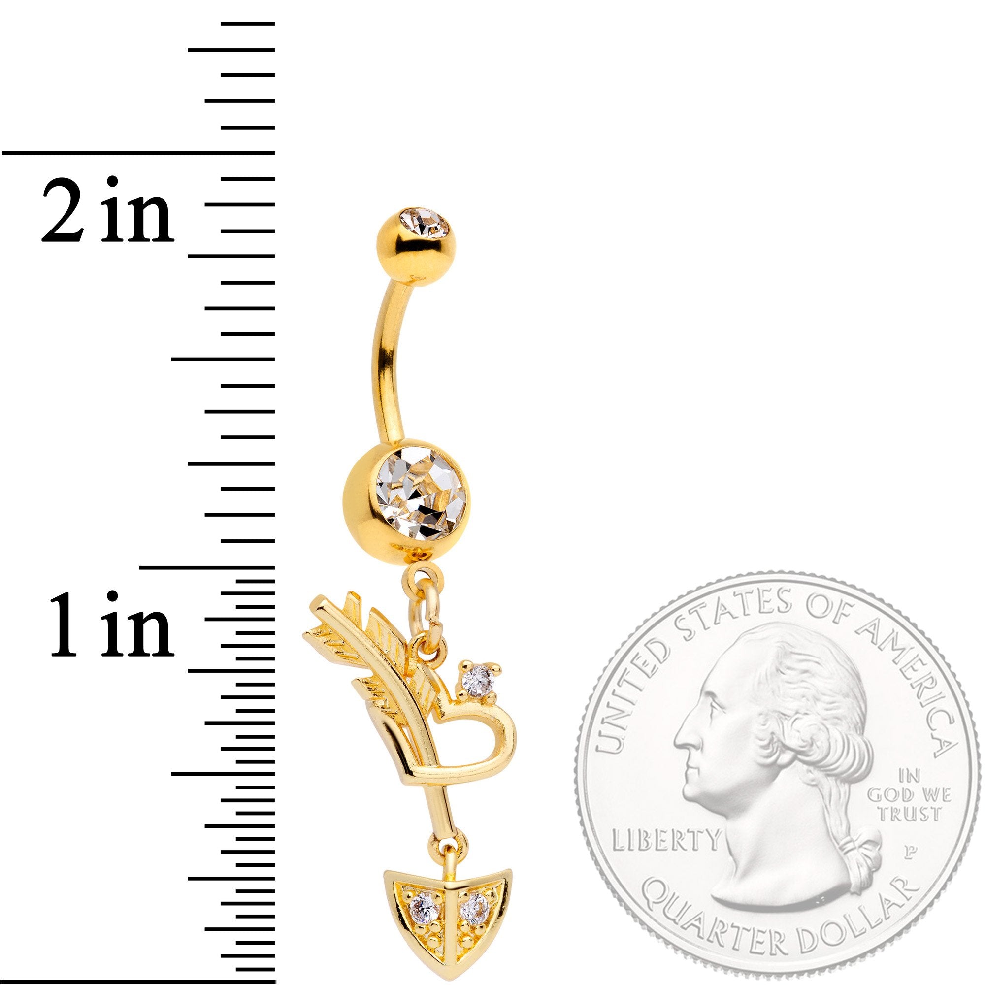 Clear CZ Gem Gold Tone Open Heart Arrow Dangle Belly Ring