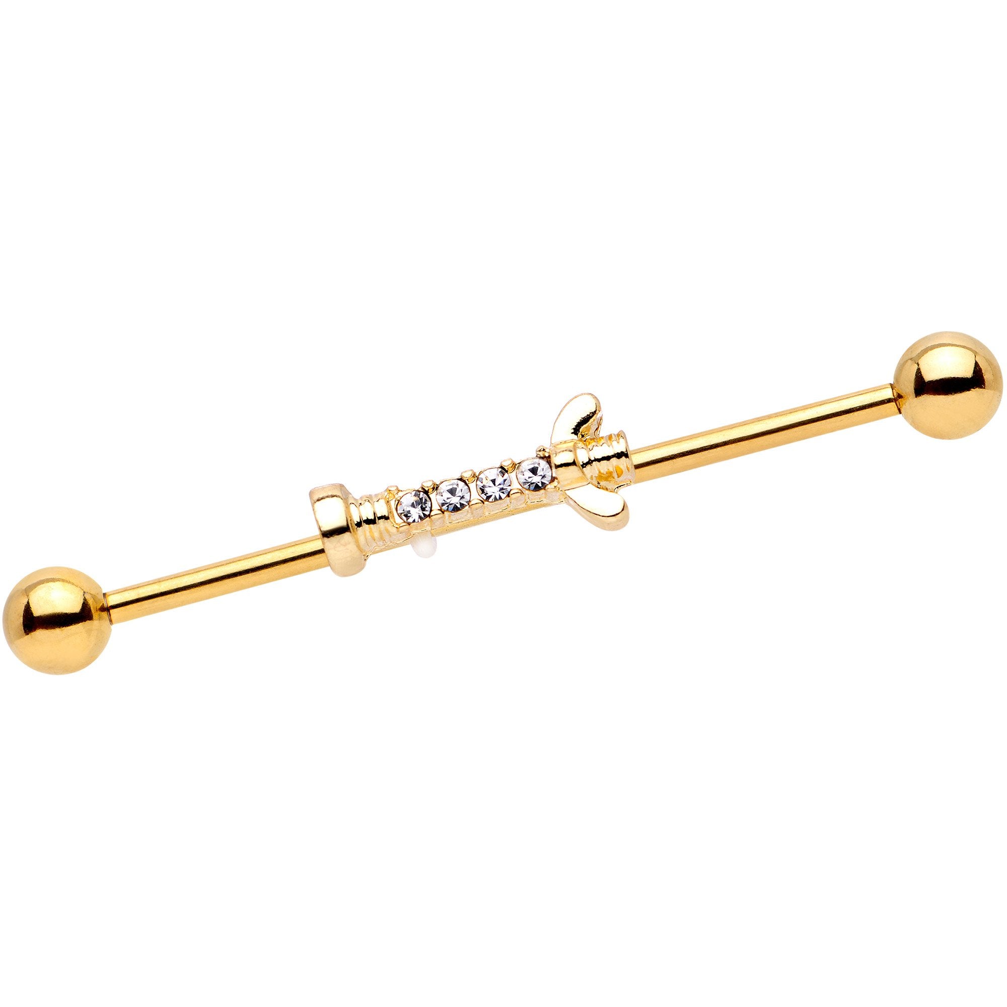 14 Gauge Clear CZ Gem Gold Tone Wing Nut Industrial Barbell 38mm