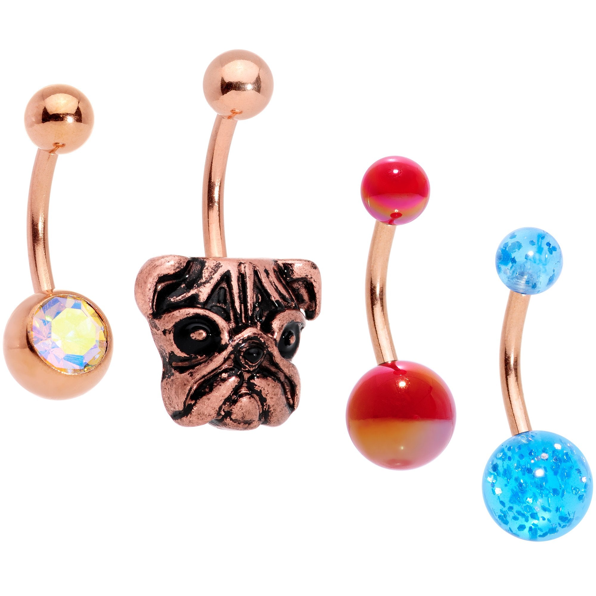 Aurora Gem Rose Gold Tone Variety Bulldog Belly Ring Set of 4