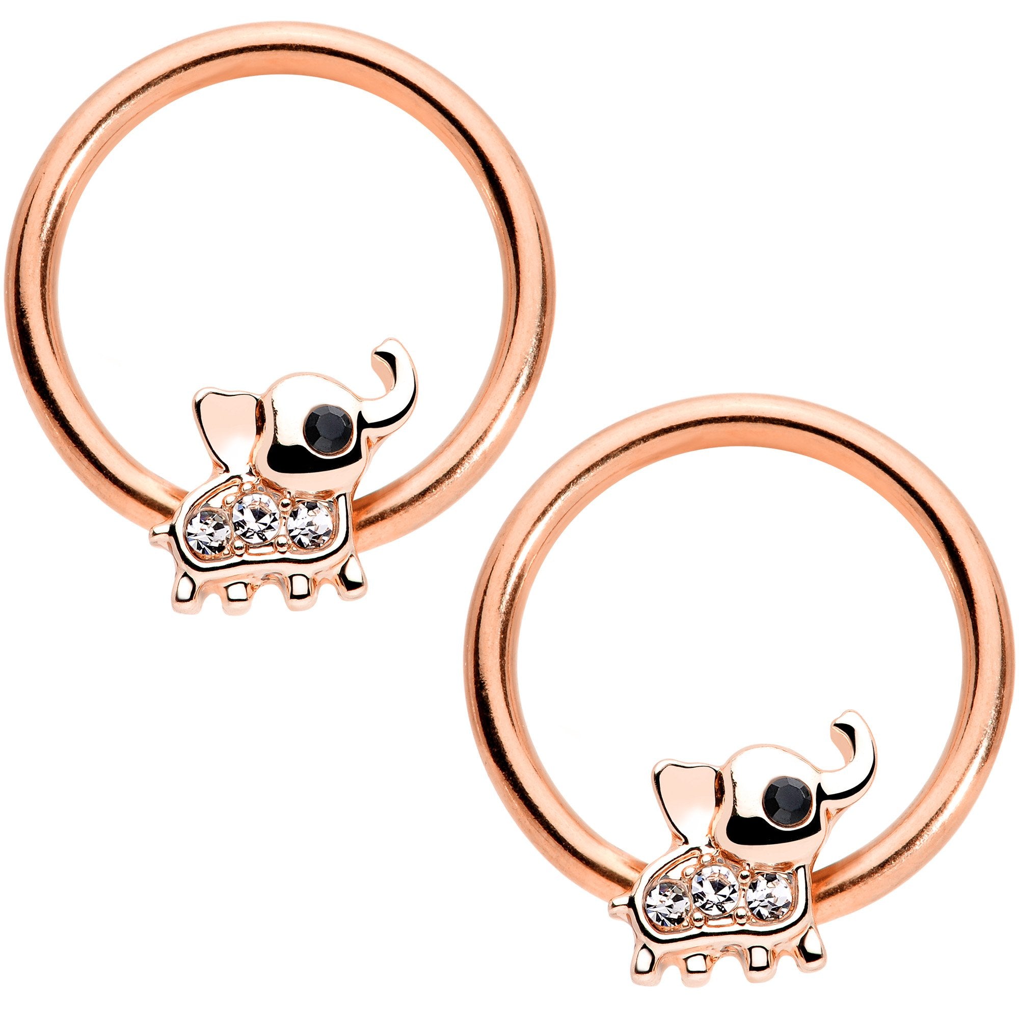 14 Gauge 1/2 Clear Gem Rose Gold Tone Elephant Captive Nipple Ring Set