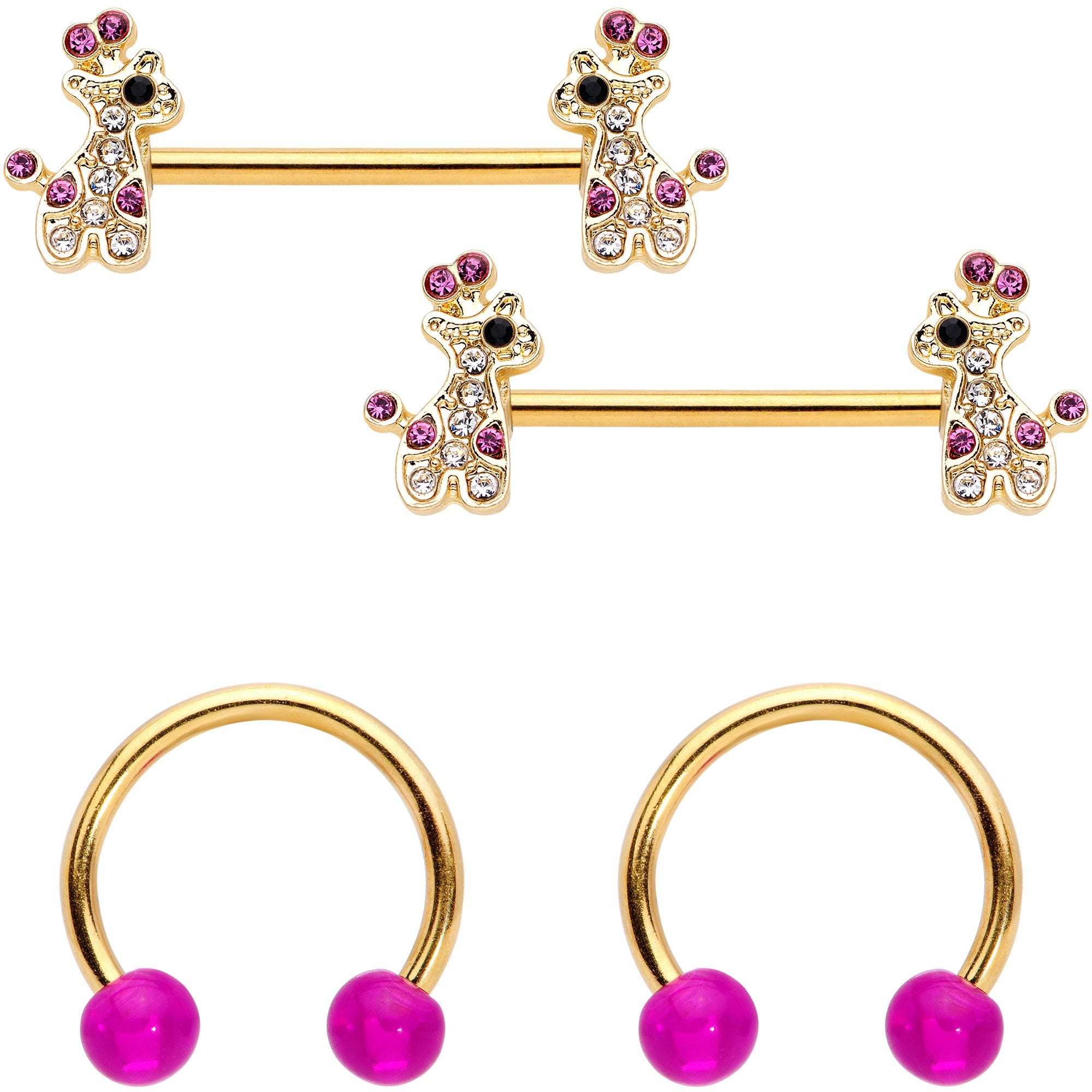 14 Gauge Clear Pink Gem Giraffe Gold Tone UV Horseshoe Nipple Ring Set