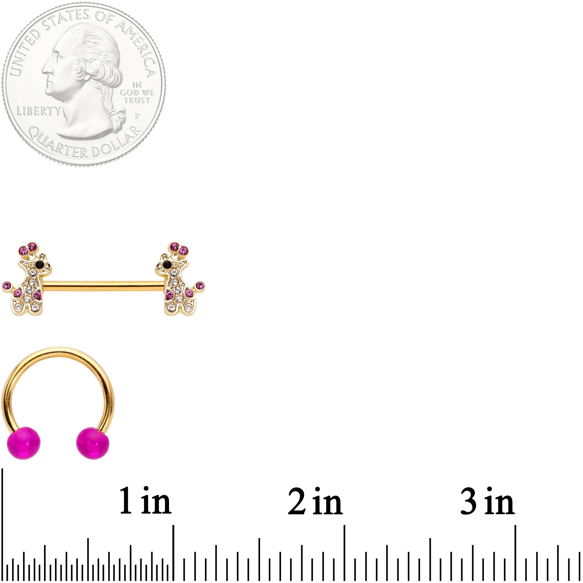 14 Gauge Clear Pink Gem Giraffe Gold Tone UV Horseshoe Nipple Ring Set