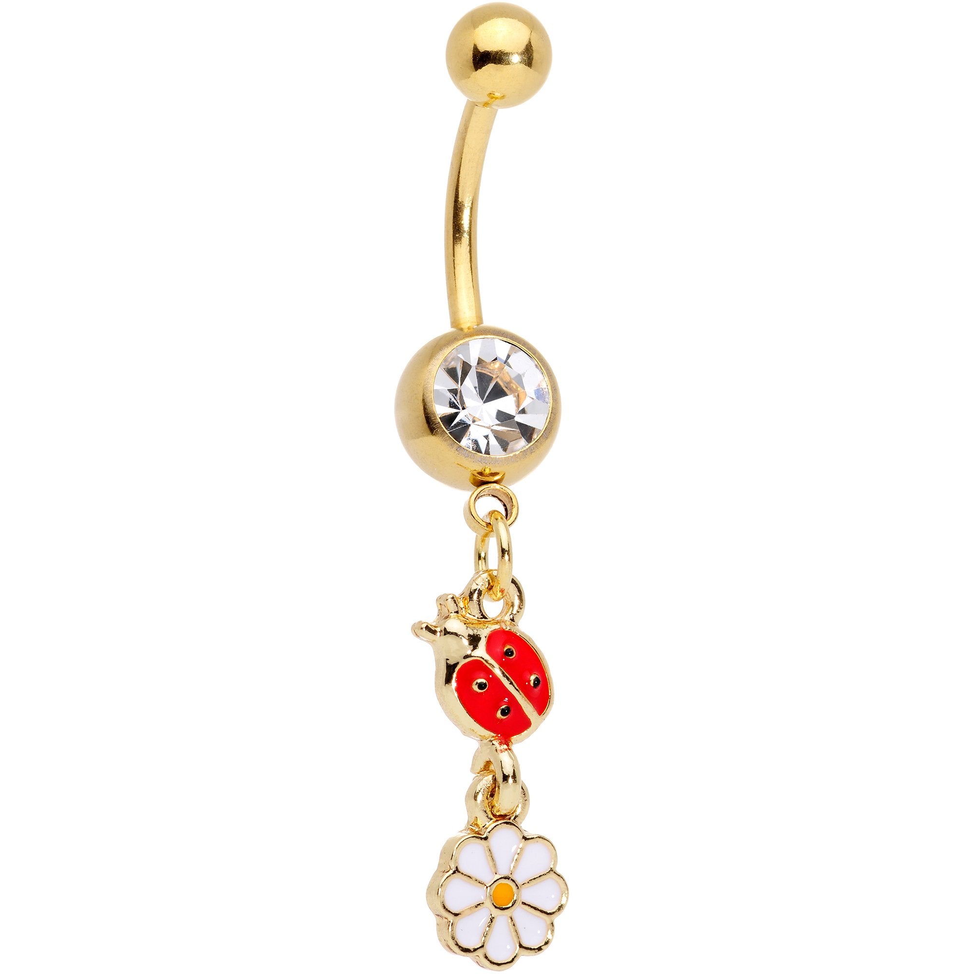 Clear Gem Spring Flower Lady Bug Gold Tone Dangle Belly Ring