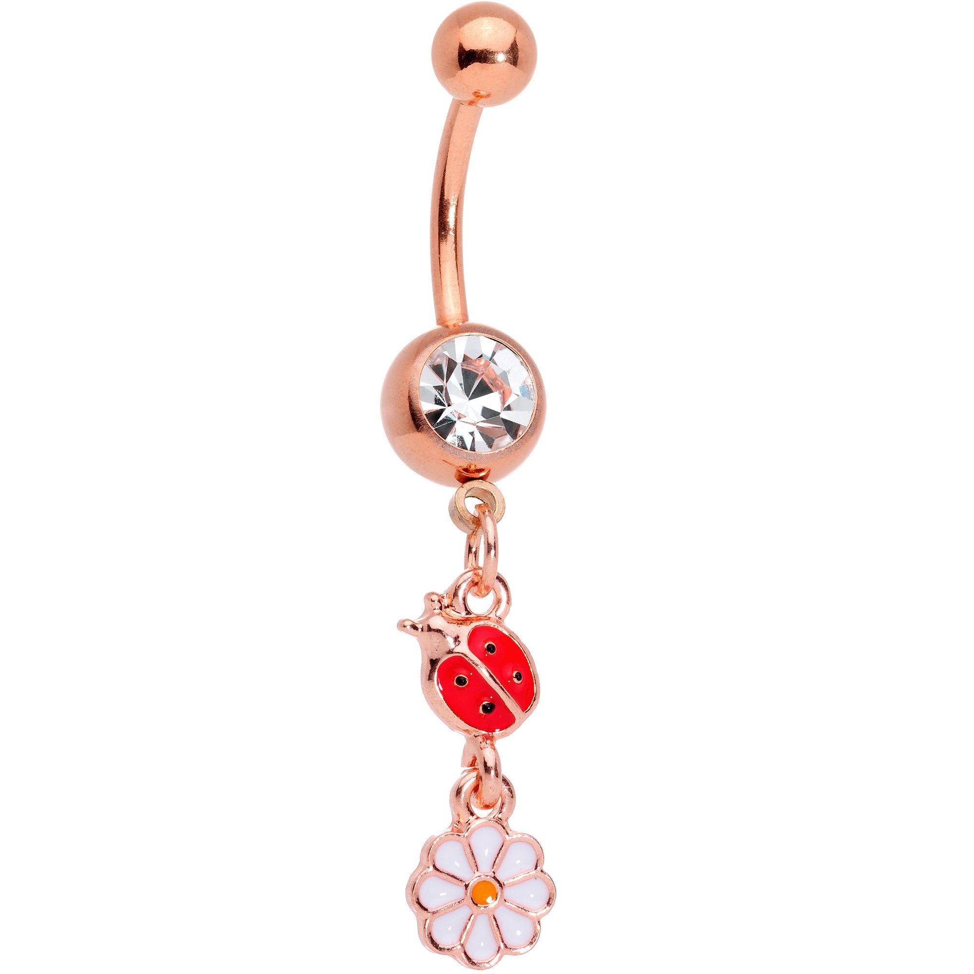 Clear Gem Spring Flower Lady Bug Rose Gold Tone Dangle Belly Ring