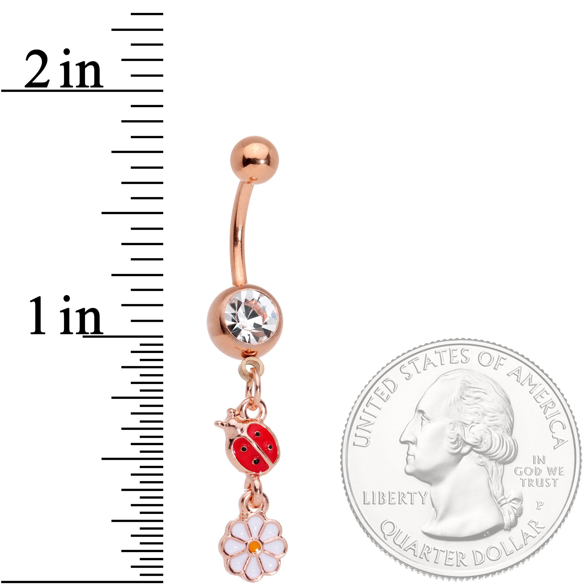 Clear Gem Spring Flower Lady Bug Rose Gold Tone Dangle Belly Ring