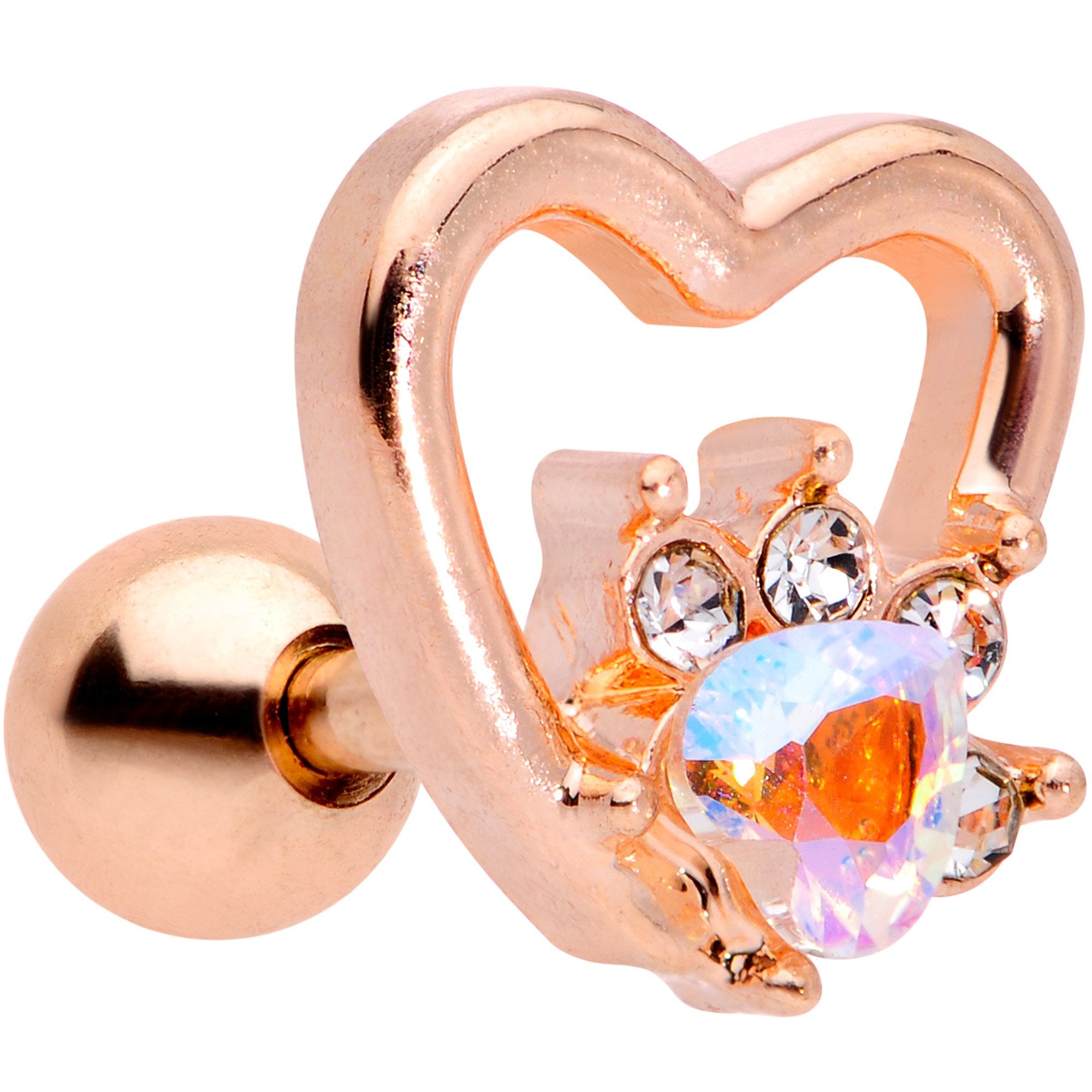 16 Gauge 1/4 Aurora Gem Rose Gold Tone Hollow Heart Cartilage Tragus