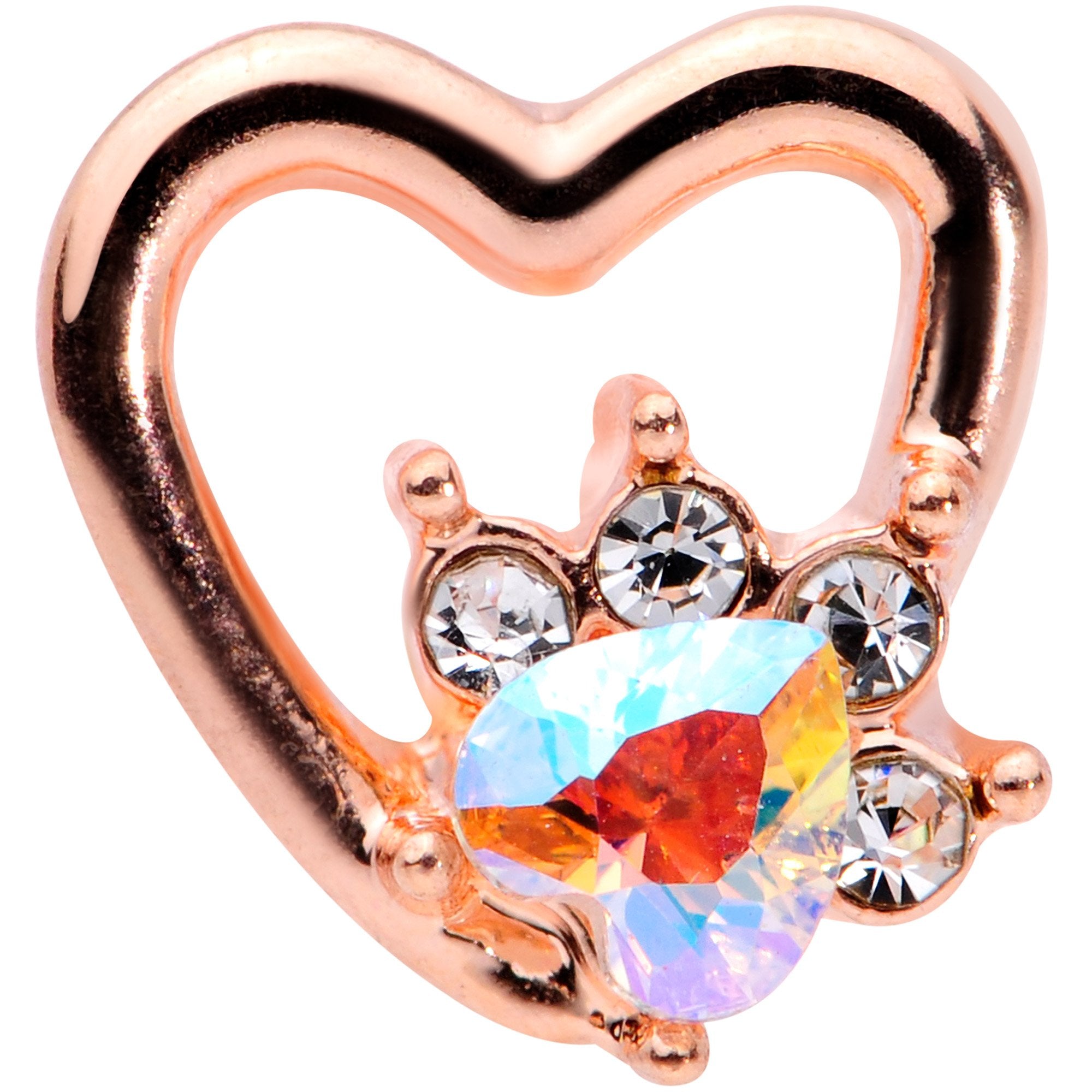 16 Gauge 1/4 Aurora Gem Rose Gold Tone Hollow Heart Cartilage Tragus