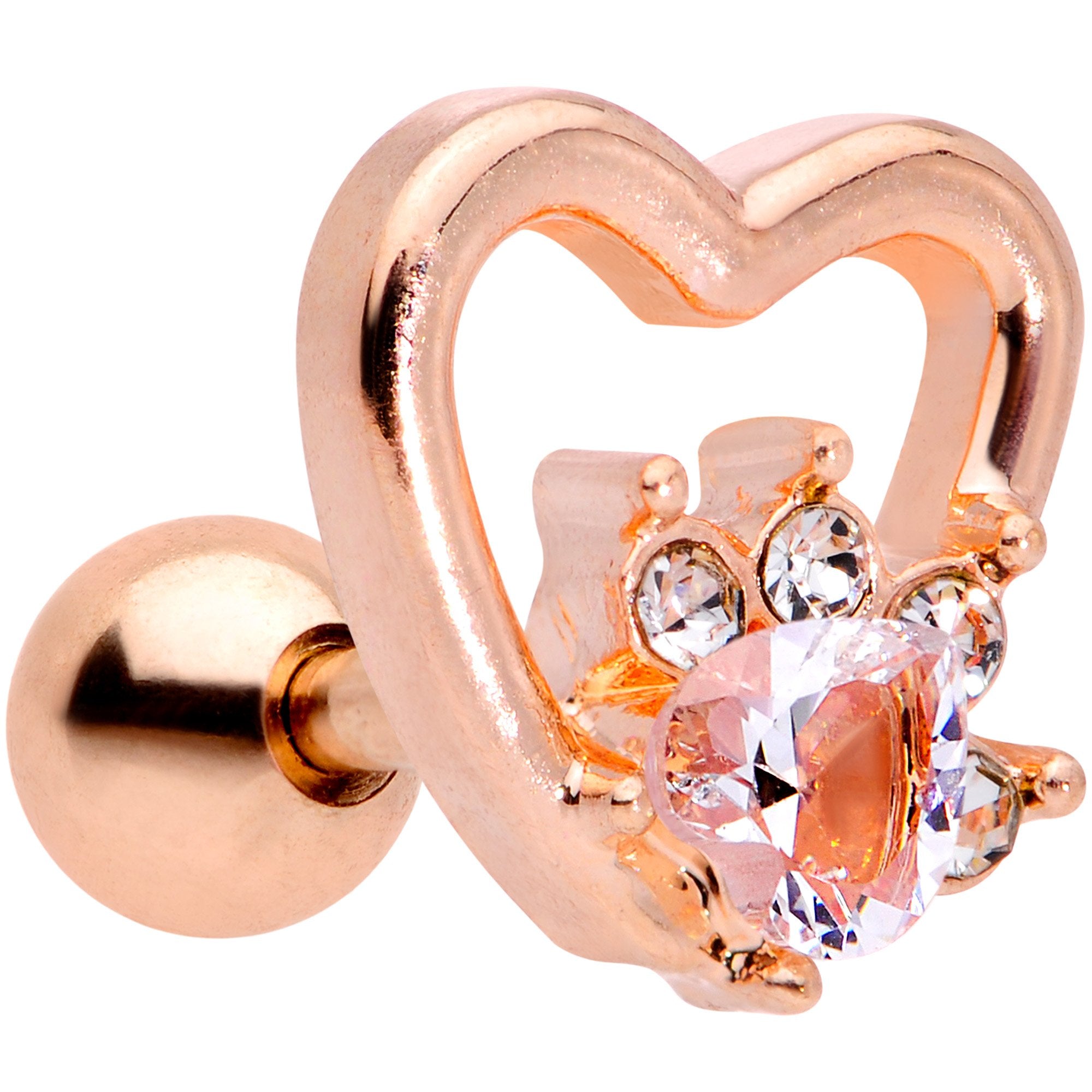 16 Gauge 1/4 Clear Gem Rose Gold Tone Hollow Heart Cartilage Tragus