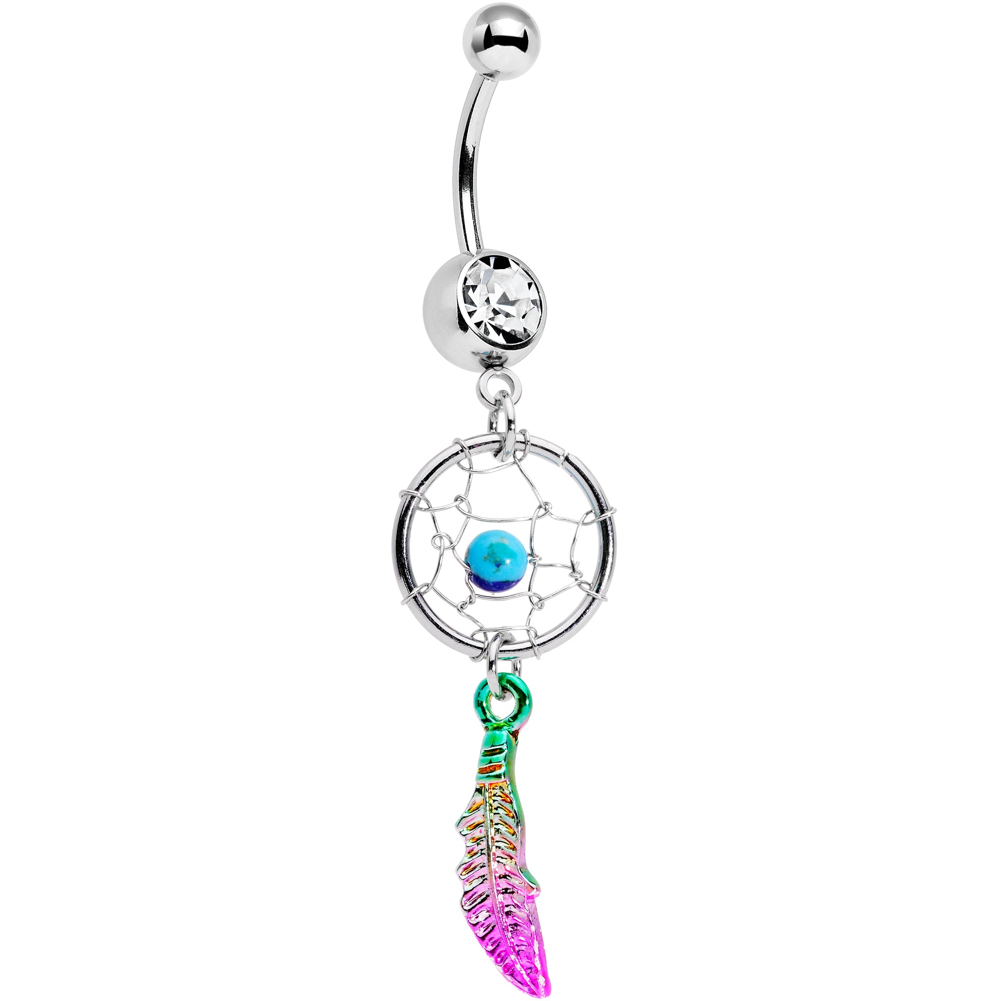 Clear Gem Color Fade Feather Dreamcatcher Dangle Belly Ring