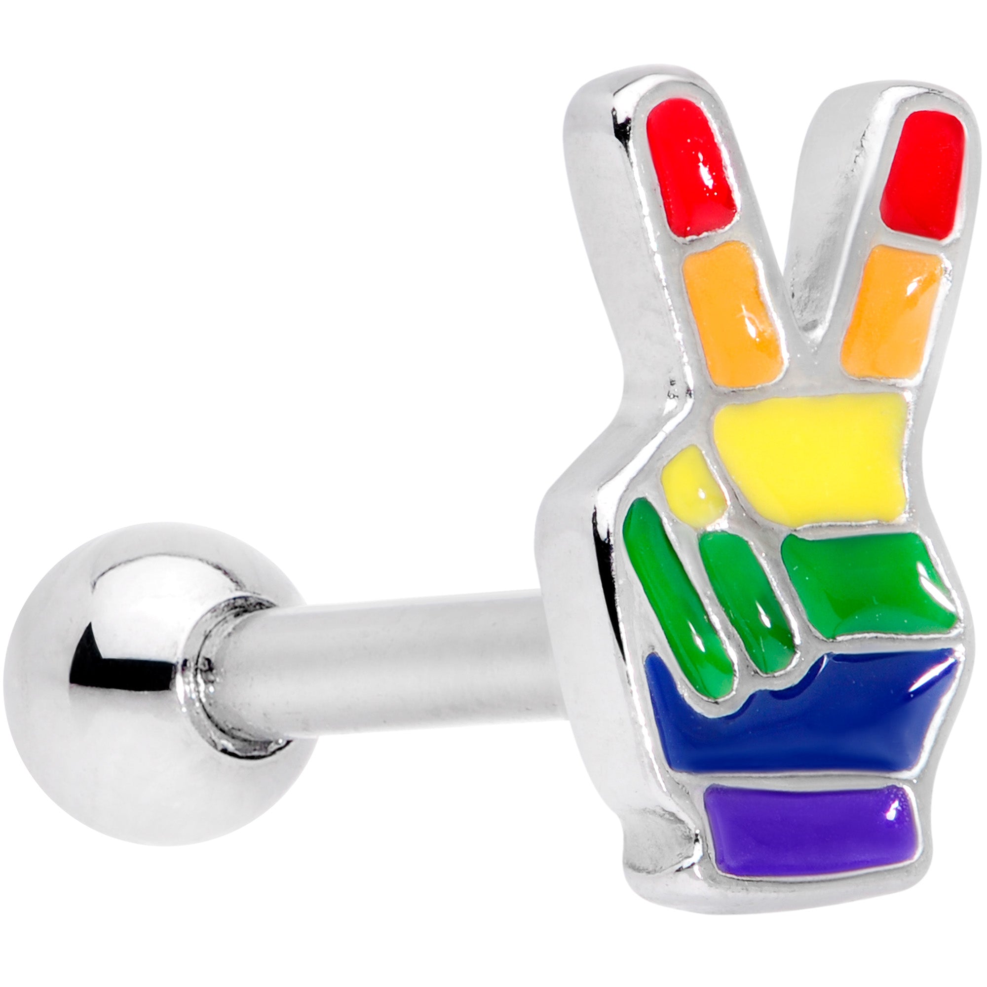 16 Gauge 1/4 Gay Pride Rainbow Hand Peace Sign Cartilage Tragus