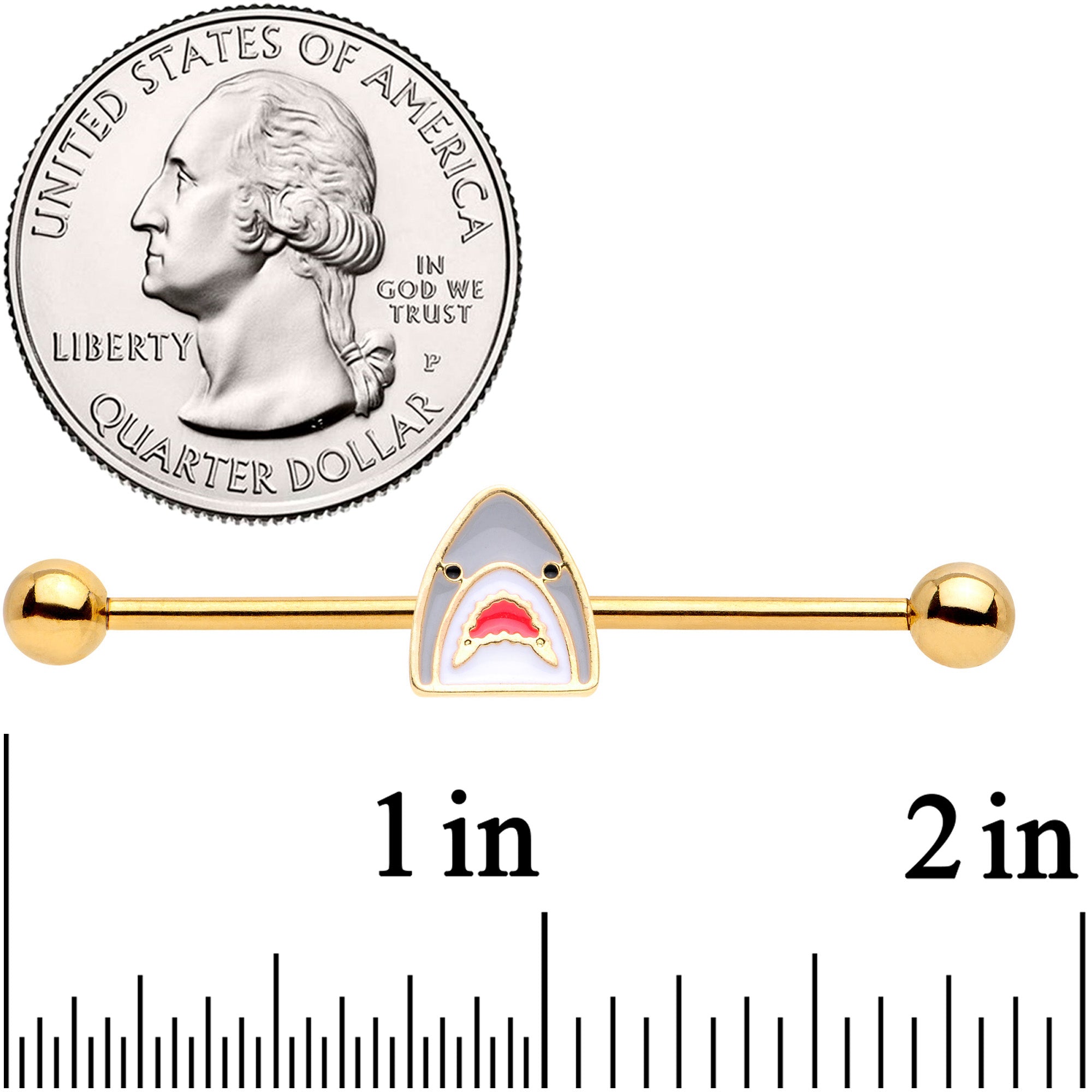 14 Gauge Gold Tone Shark Attack Industrial Barbell 38mm