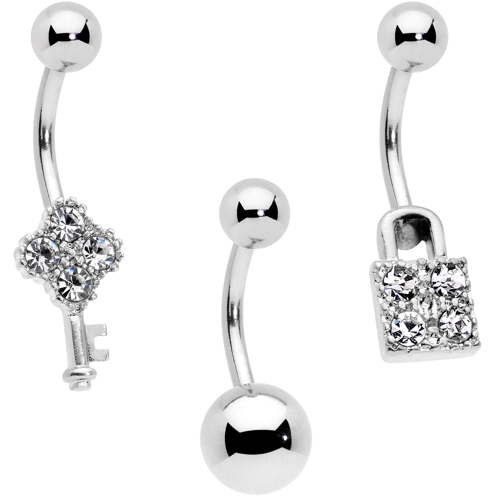 Clear Gem Lock and Key Belly Ring Set of 3