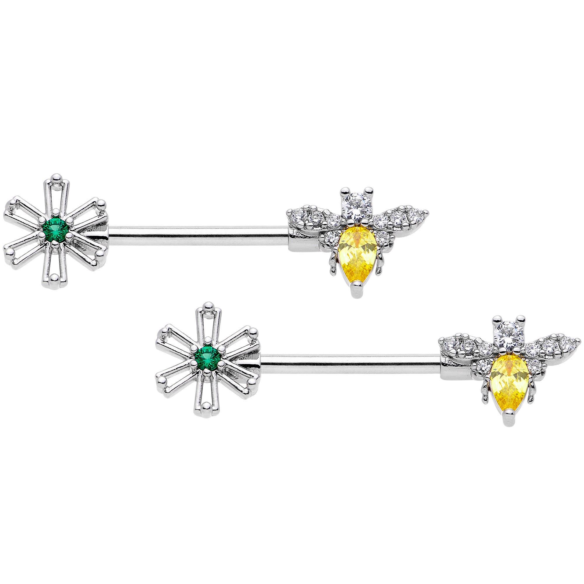 14 Gauge 9/16 Clear Yellow CZ Gem Bee Flower Barbell Nipple Ring Set