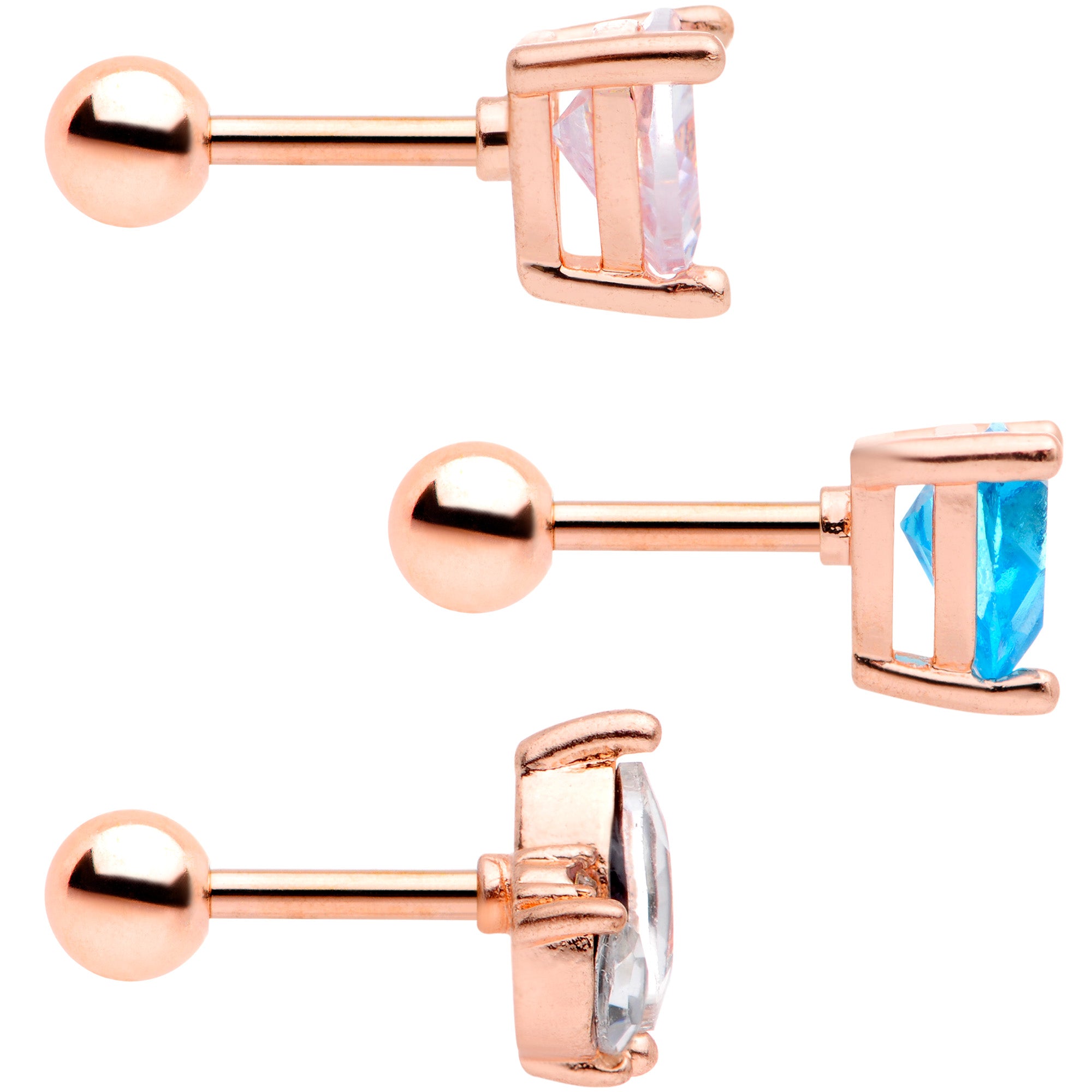 16 Gauge 1/4 Blue CZ Gem Rose Gold Tone Cartilage Tragus Set of 3