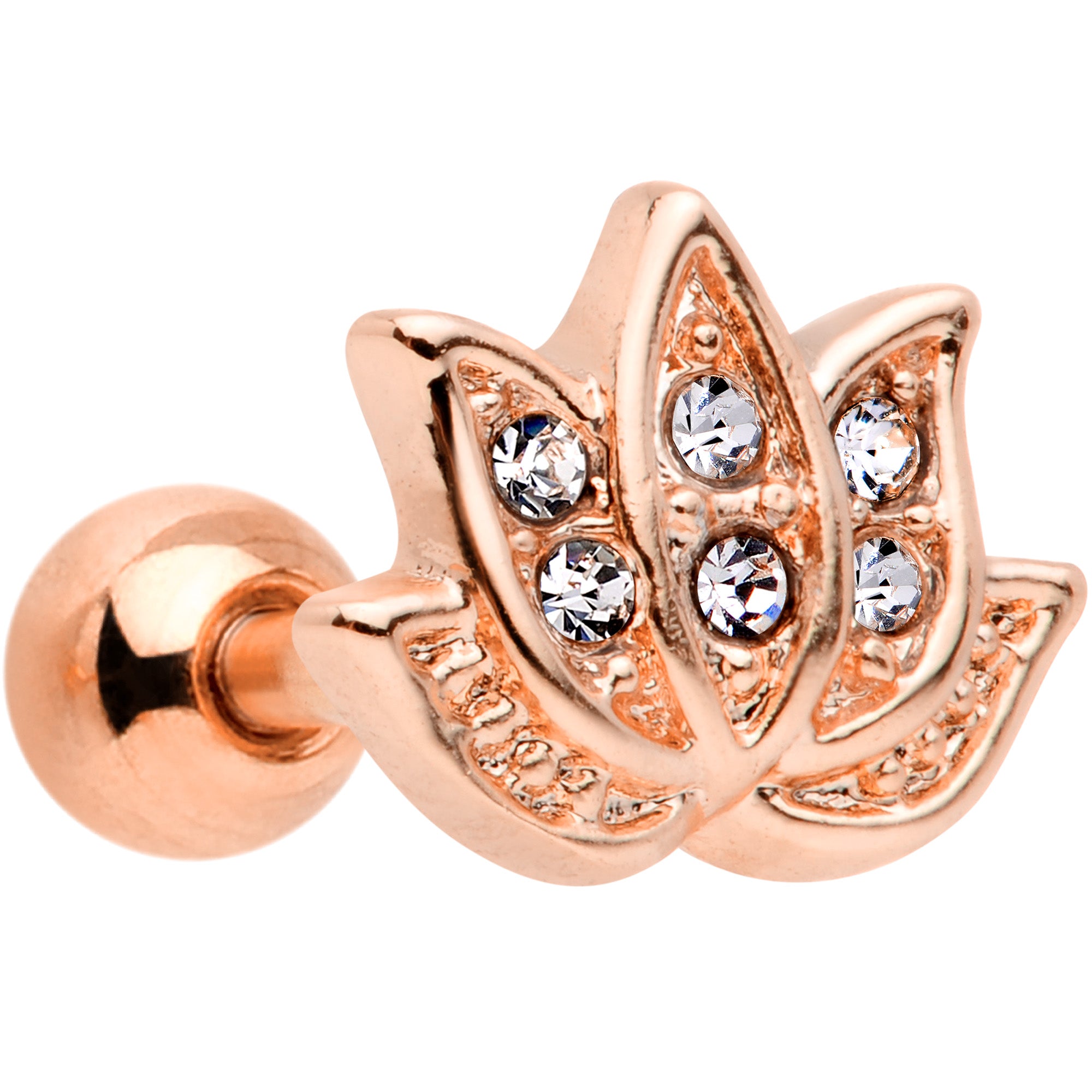 16 Gauge 1/4 Clear Gem Rose Gold Tone Lotus Flower Cartilage Tragus Earring